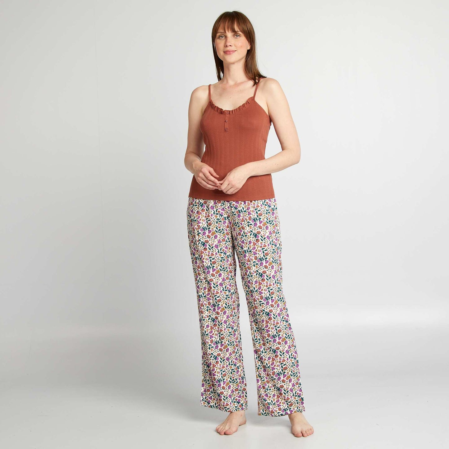 Pointelle knit pyjama vest top BROWN