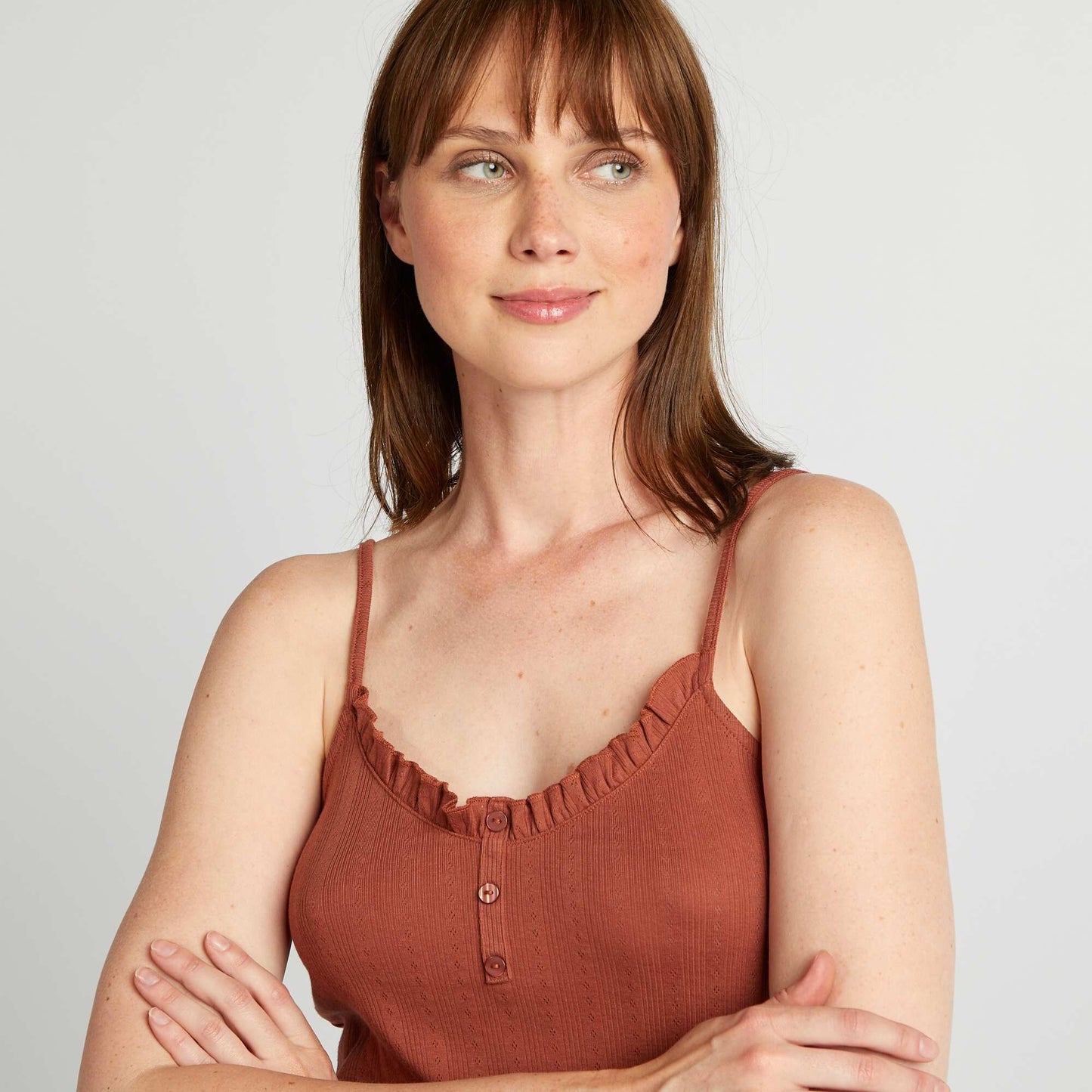 Pointelle knit pyjama vest top BROWN