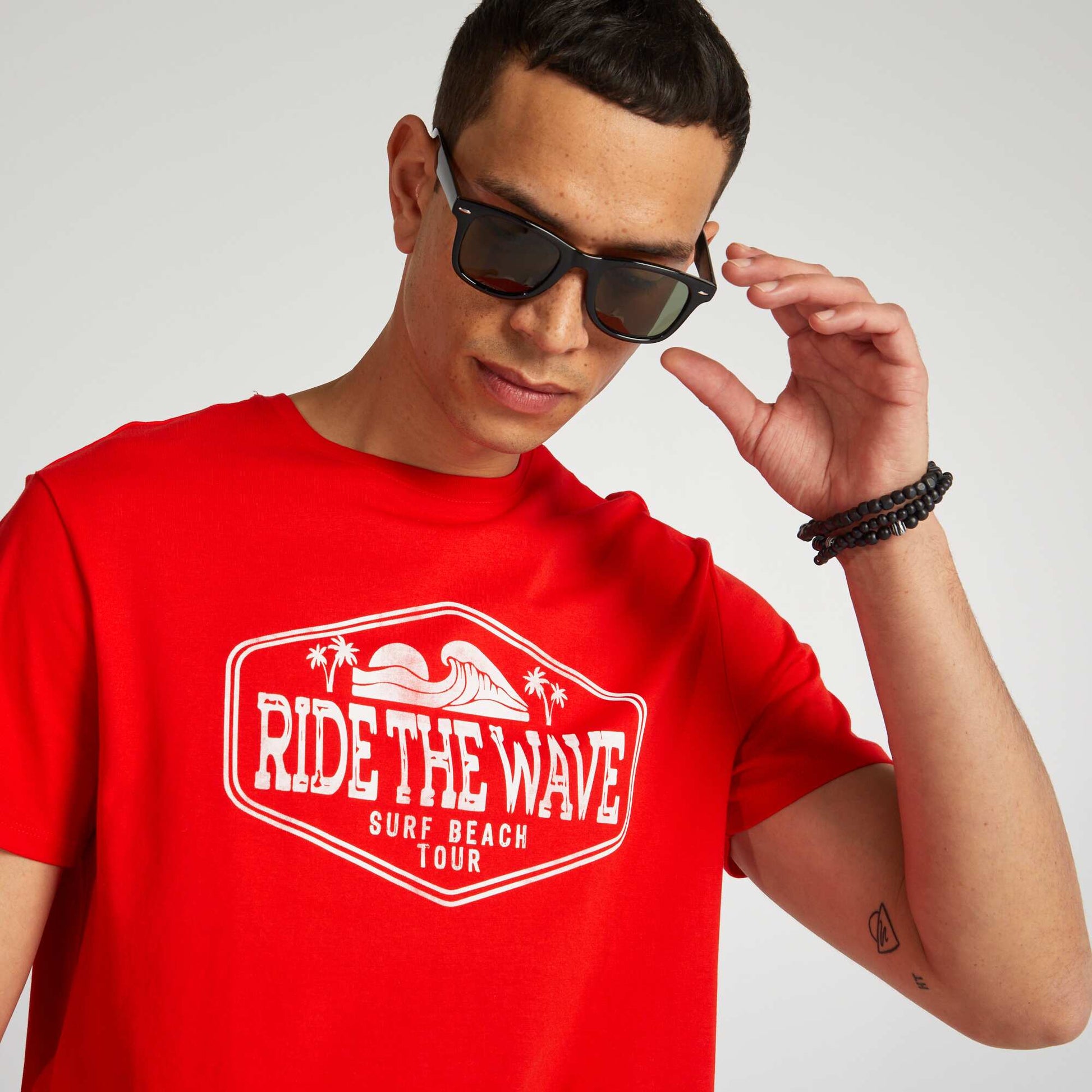 Printed cotton T-shirt with round neck RED
