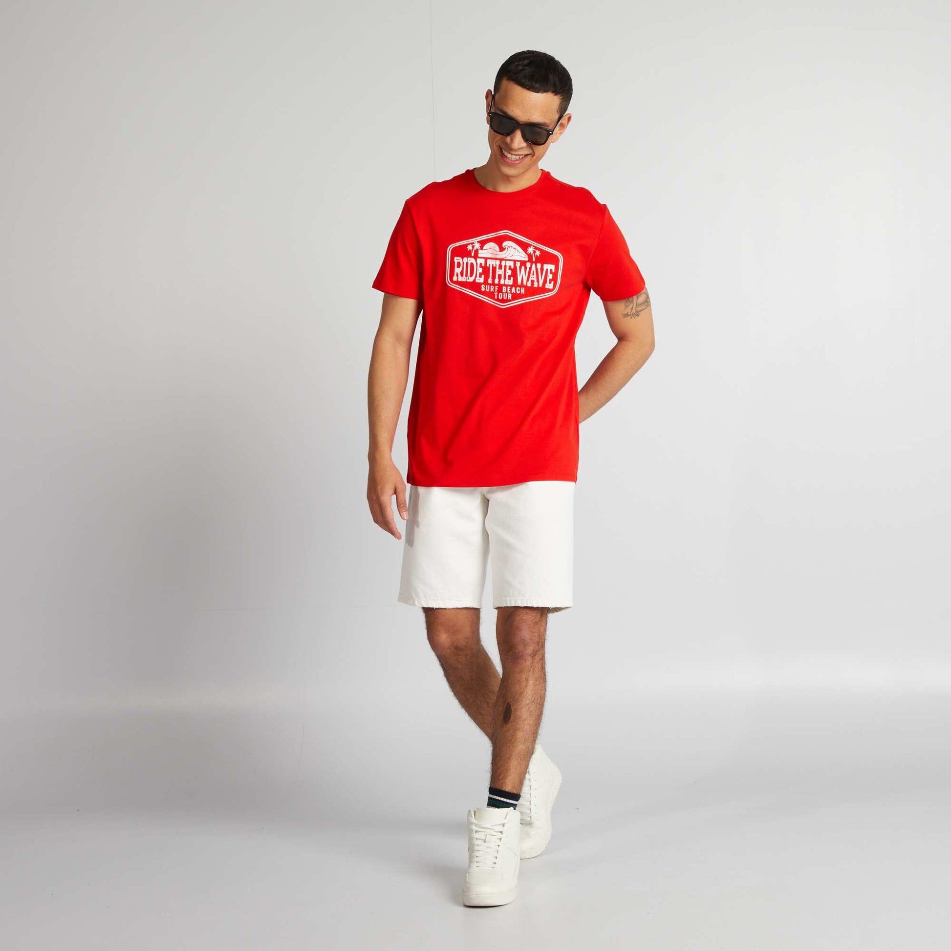 Printed cotton T-shirt with round neck RED