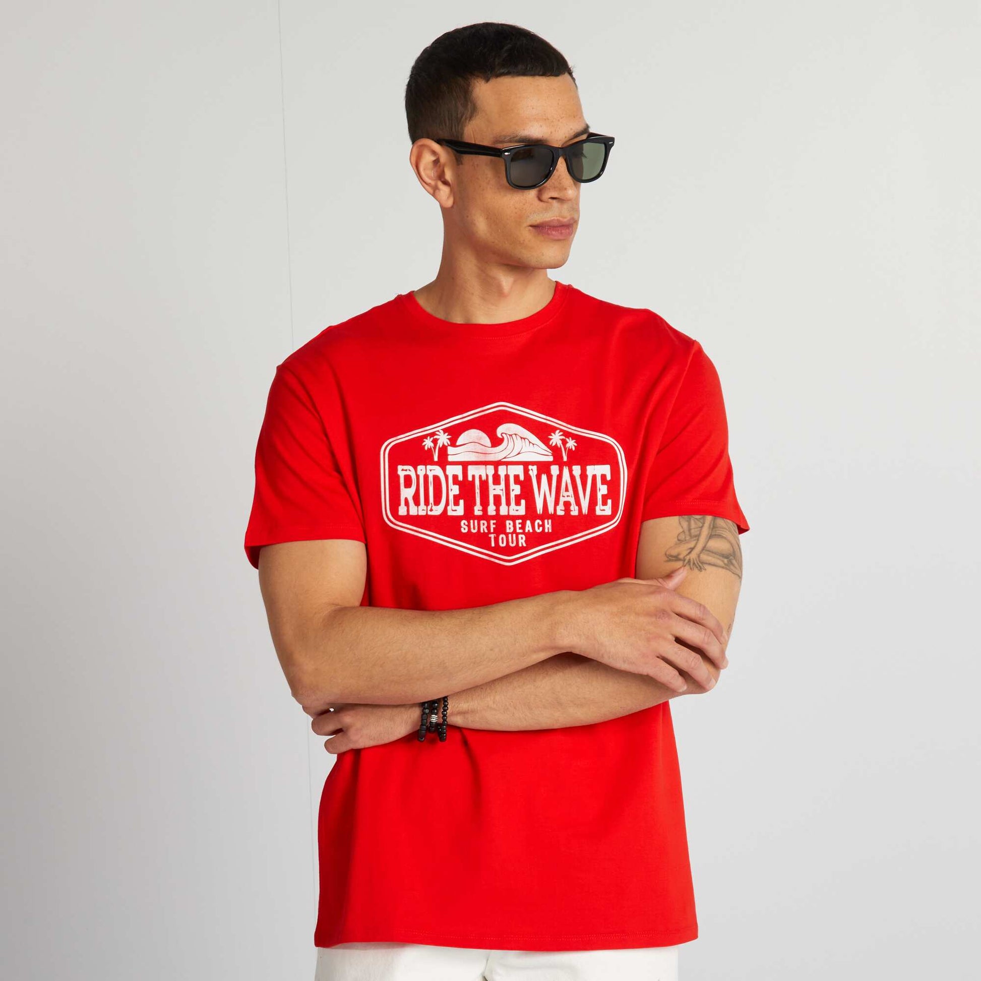 Printed cotton T-shirt with round neck RED