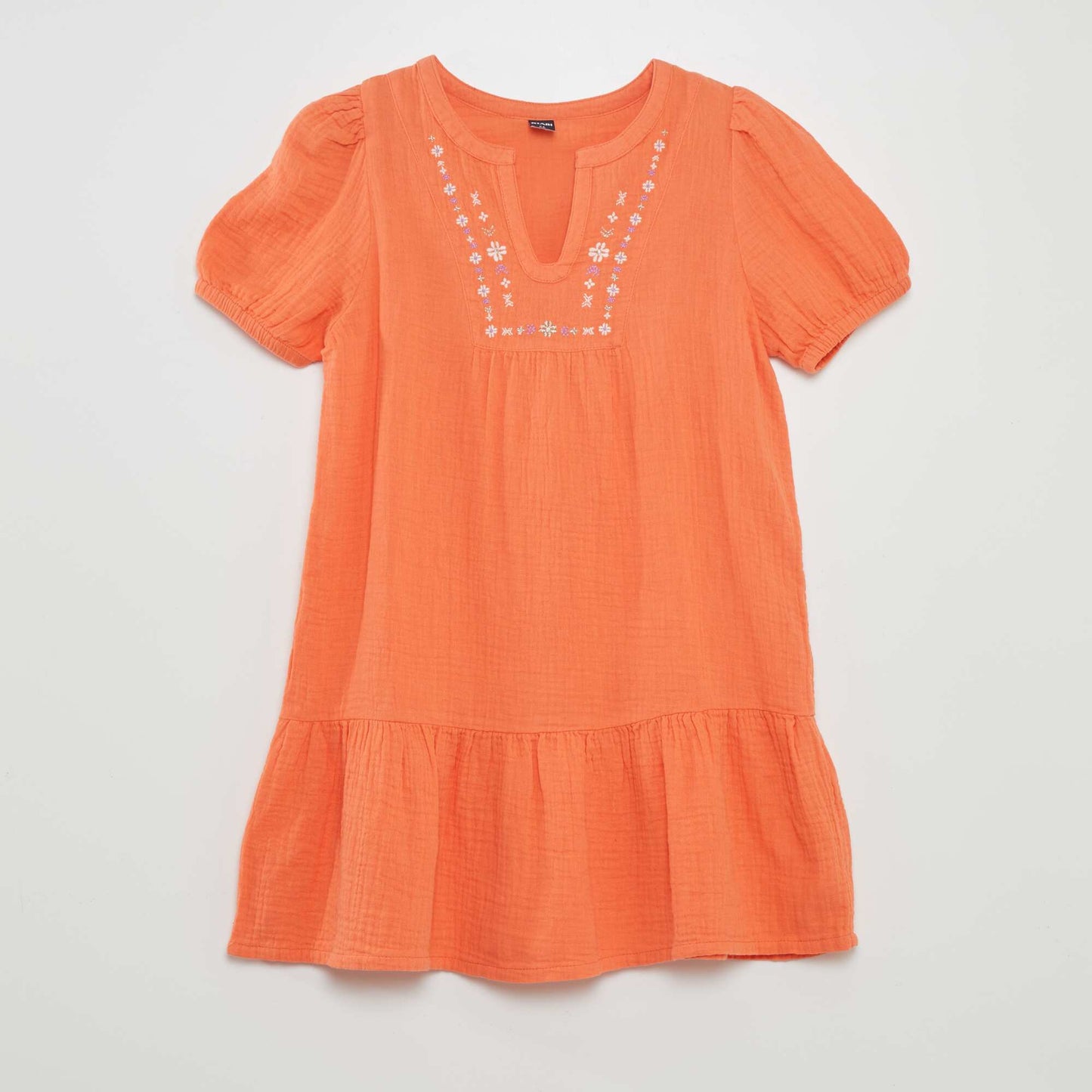 Cotton gauze dress with puff sleeves ORANGE