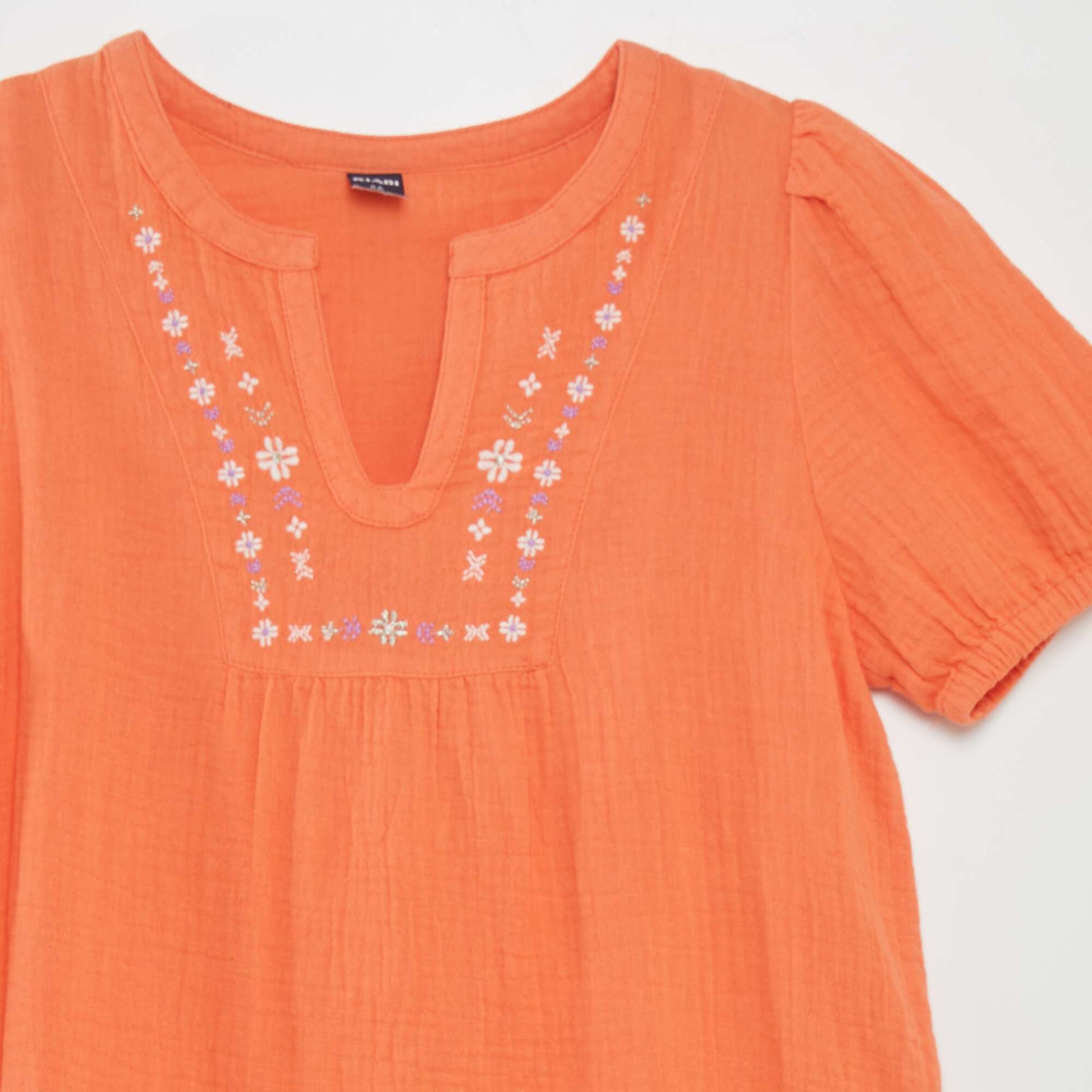 Cotton gauze dress with puff sleeves ORANGE
