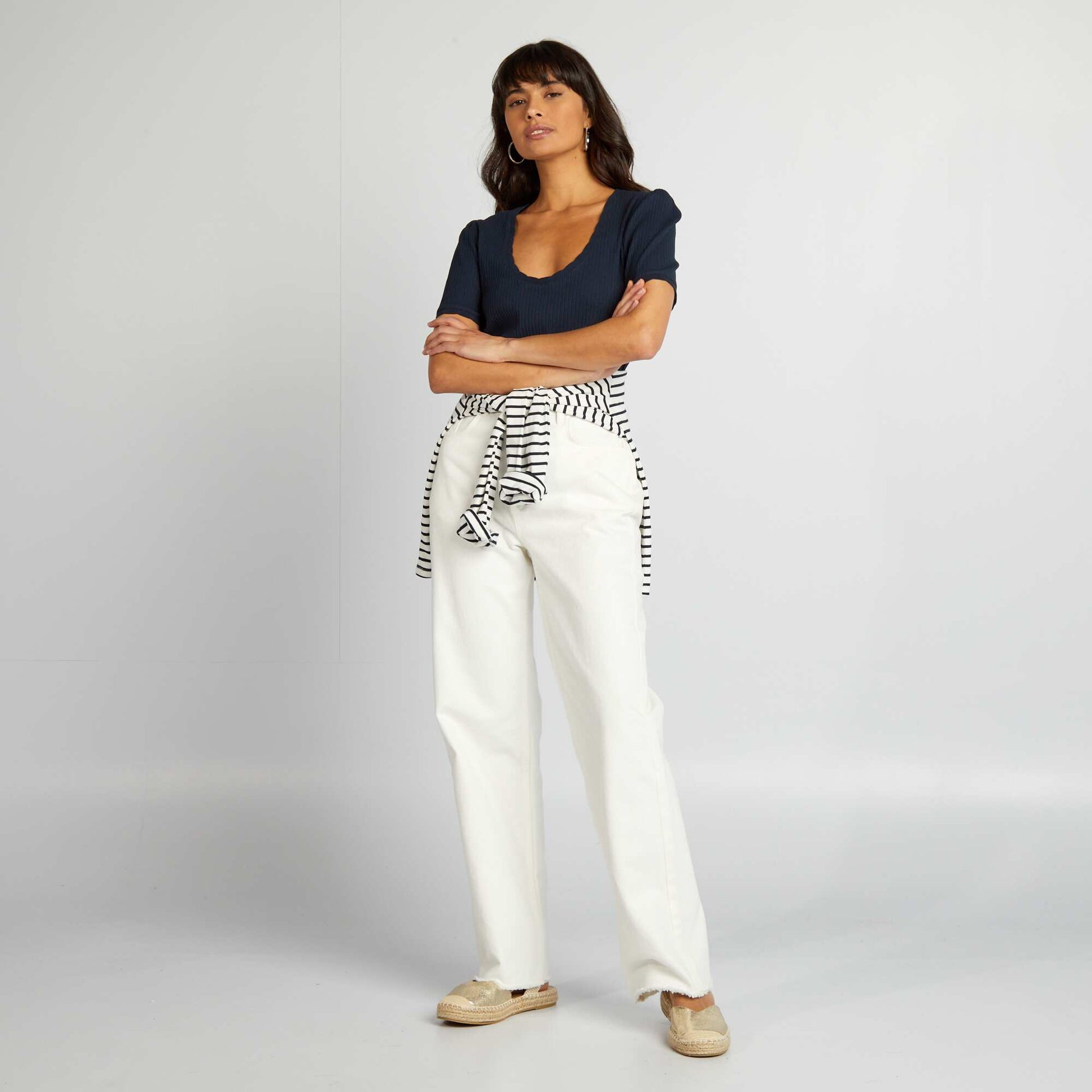 Ribbed T-shirt with scoop neck BLUE