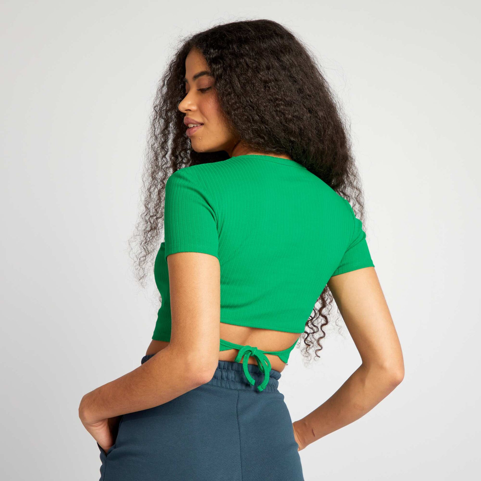 Cropped ribbed T-shirt with ties GREEN