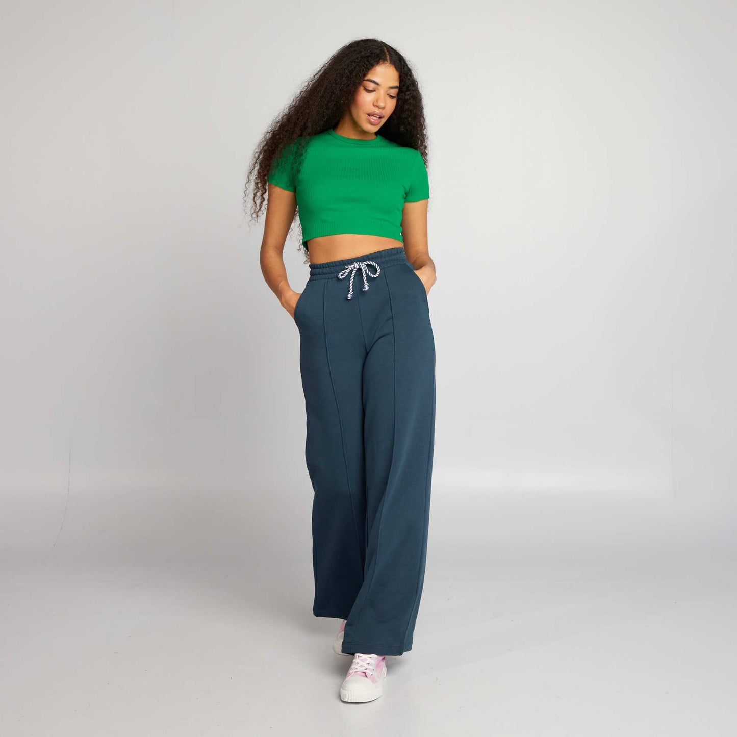 Cropped ribbed T-shirt with ties GREEN