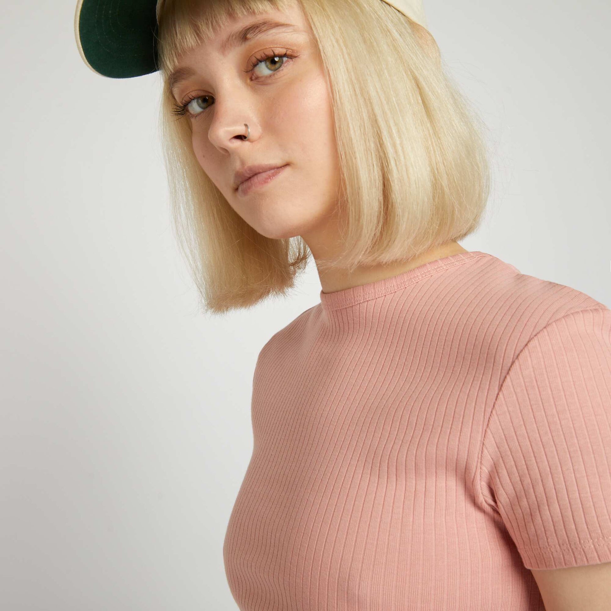 Cropped ribbed T-shirt with ties PINK