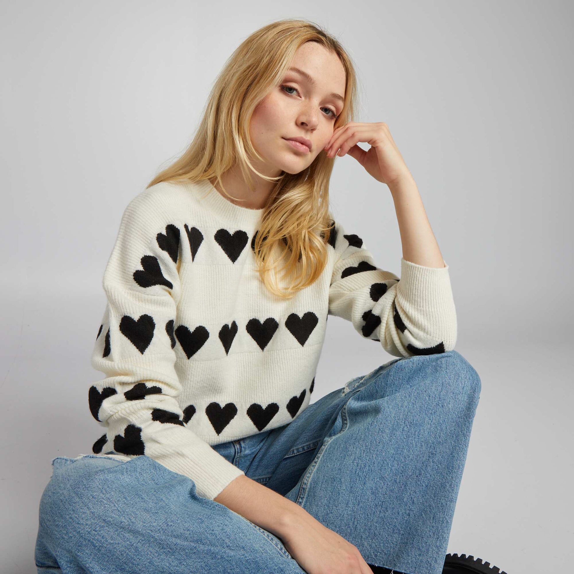 Knitted heart sweater BEIGE