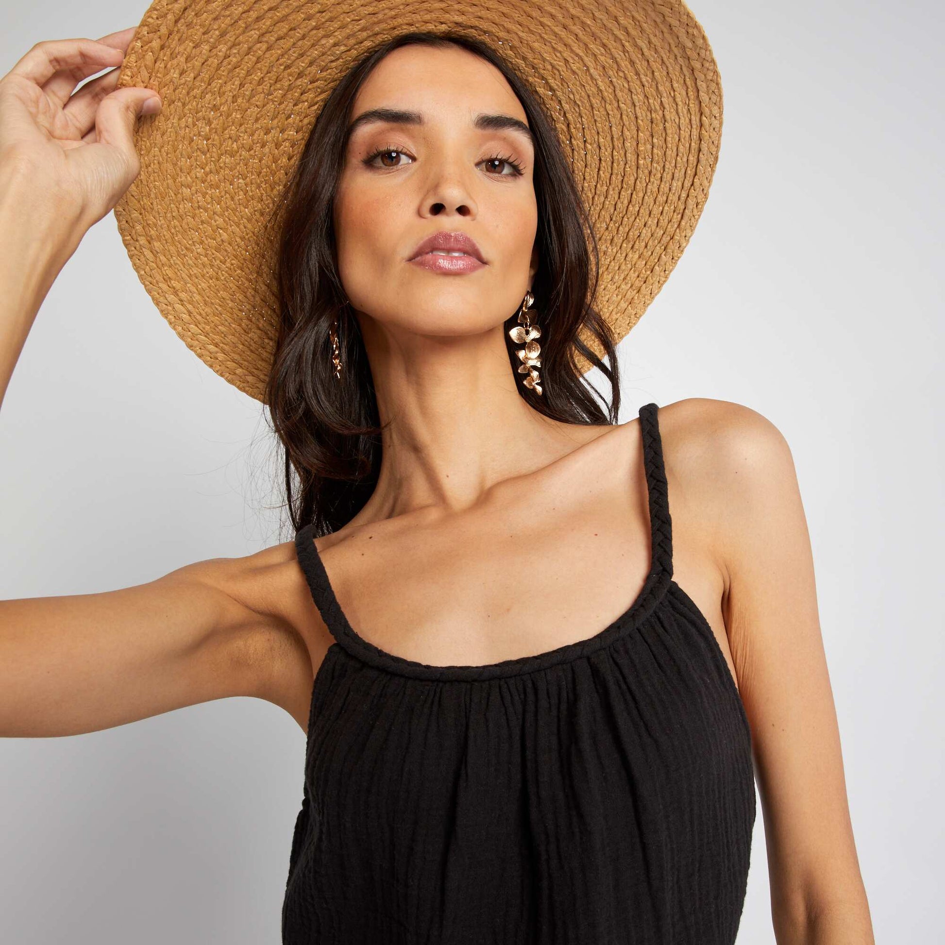 Cotton gauze top with braided straps BLACK