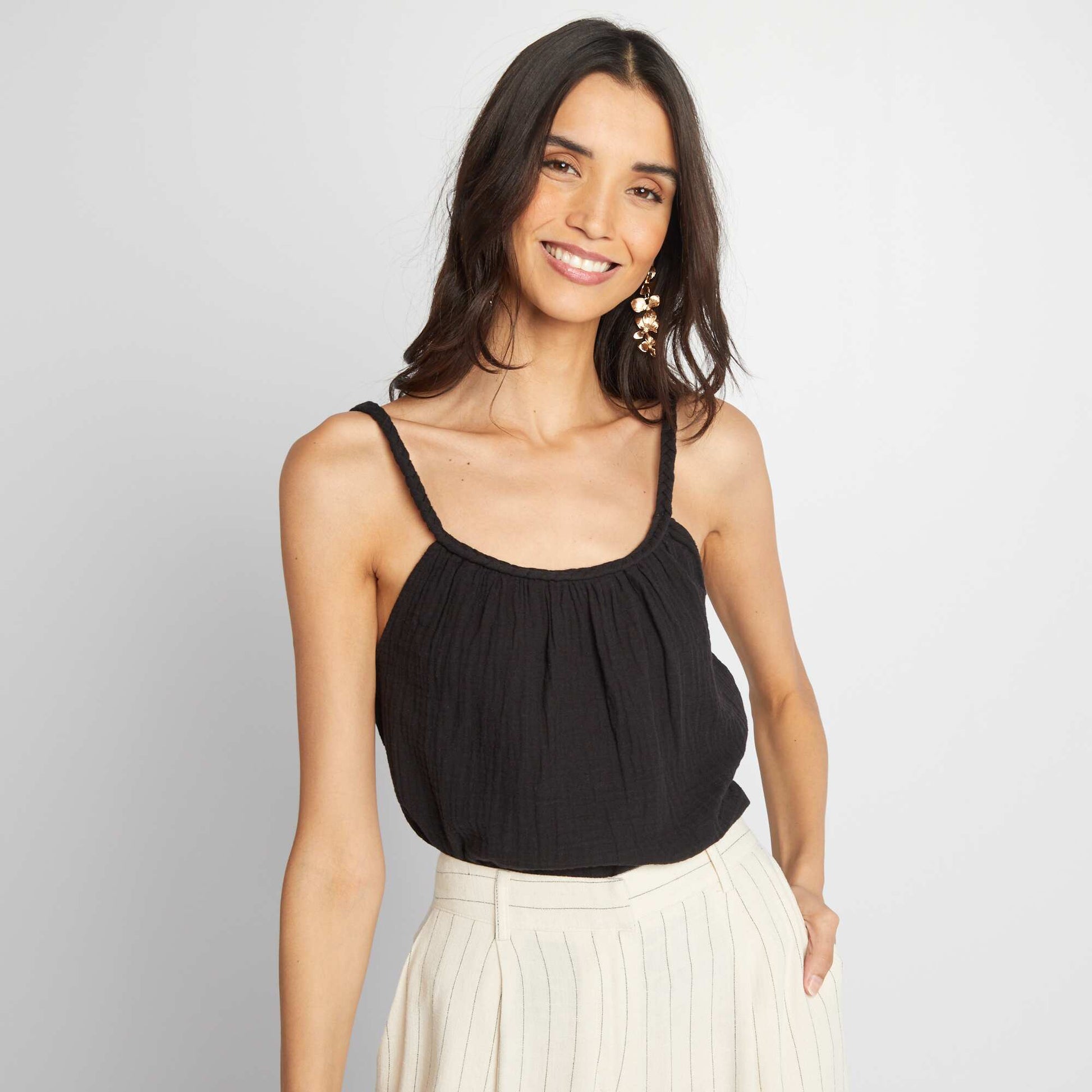 Cotton gauze top with braided straps BLACK