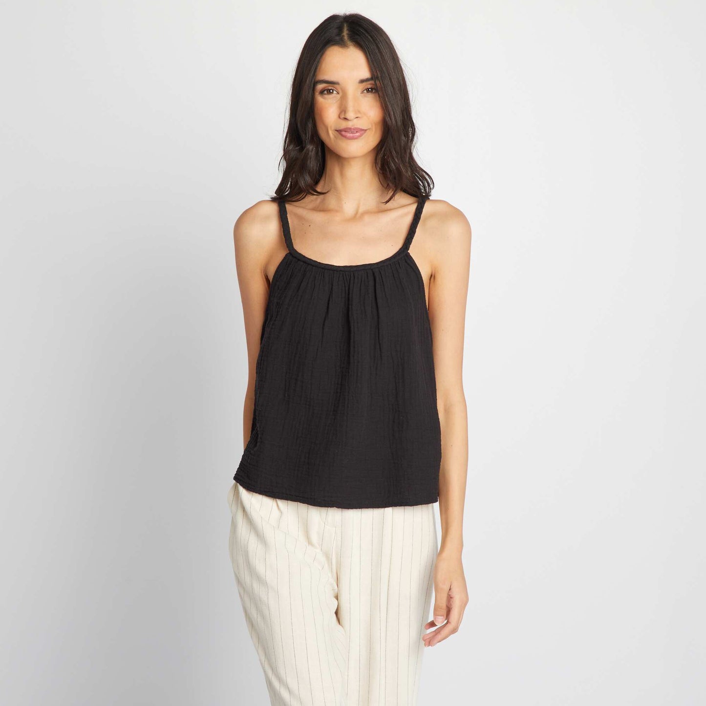 Cotton gauze top with braided straps BLACK