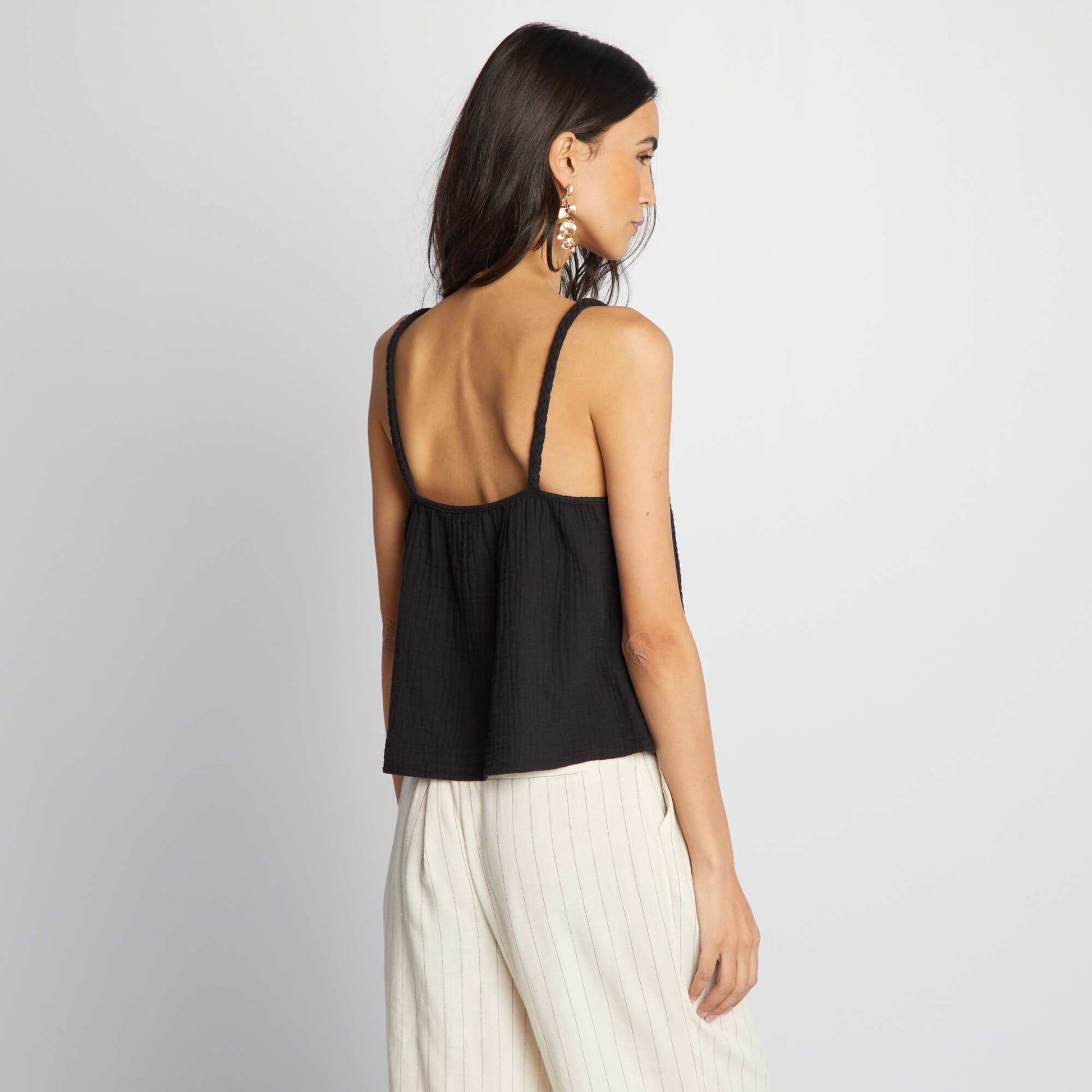 Cotton gauze top with braided straps BLACK