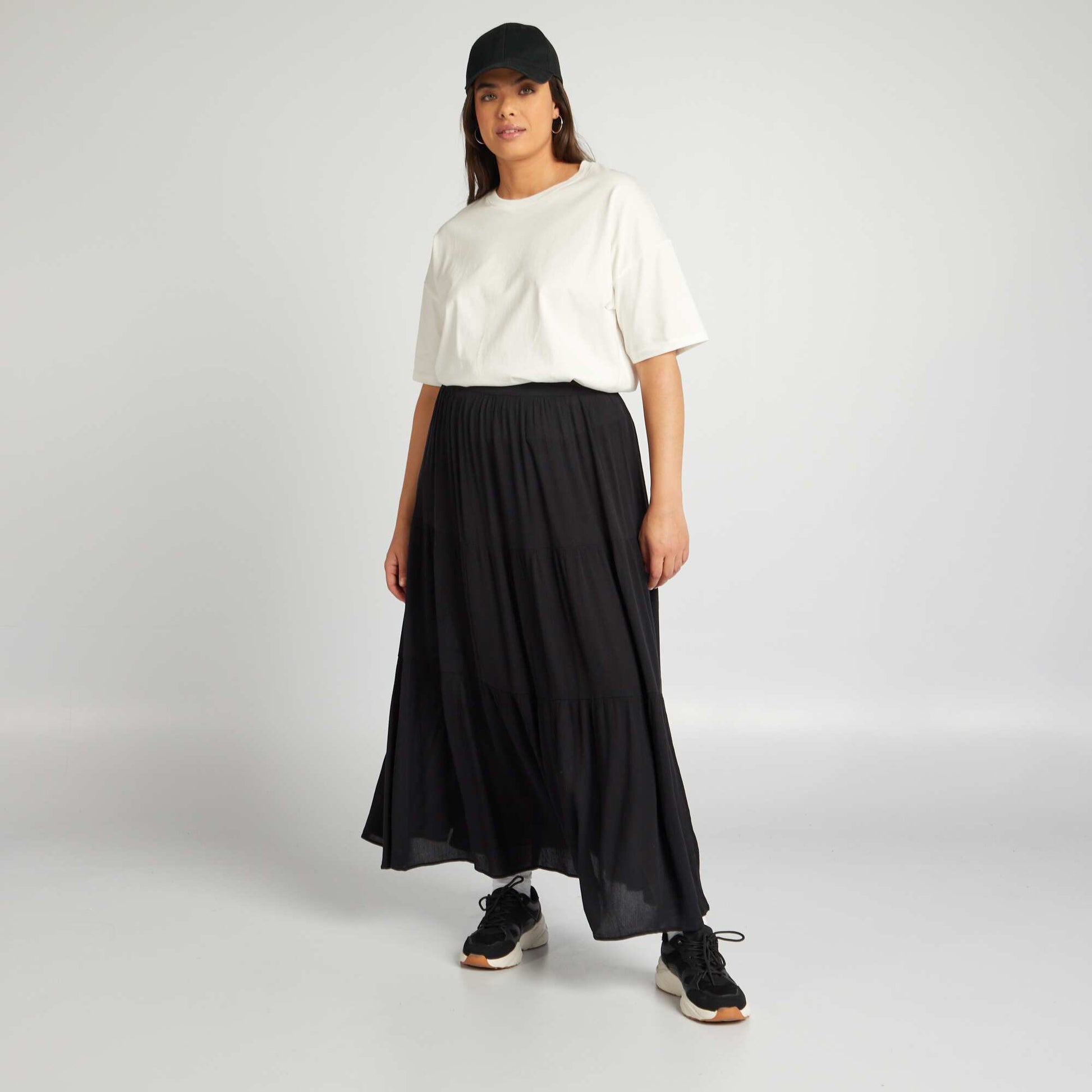 Long tiered skirt with elasticated waist BLACK