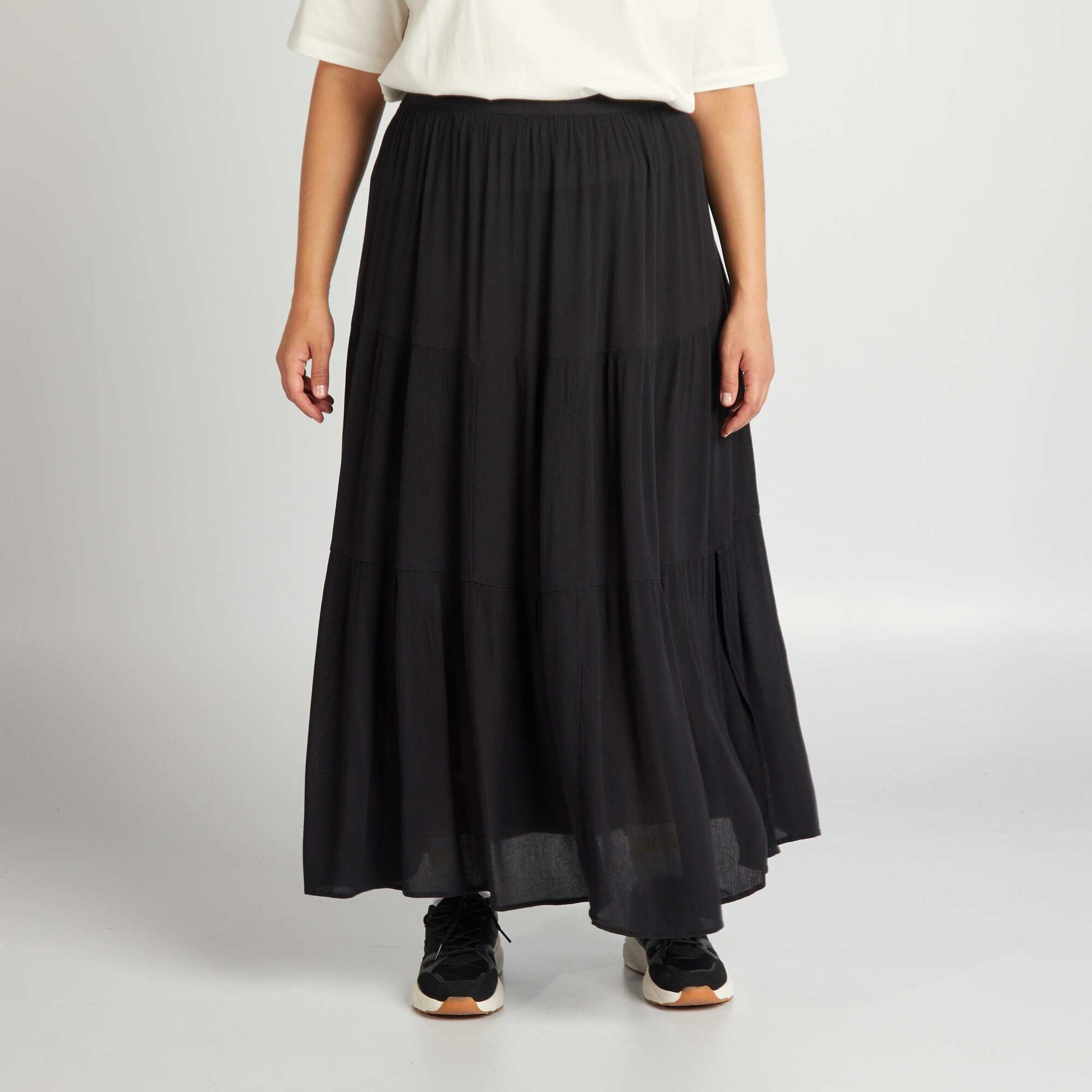Long tiered skirt with elasticated waist BLACK