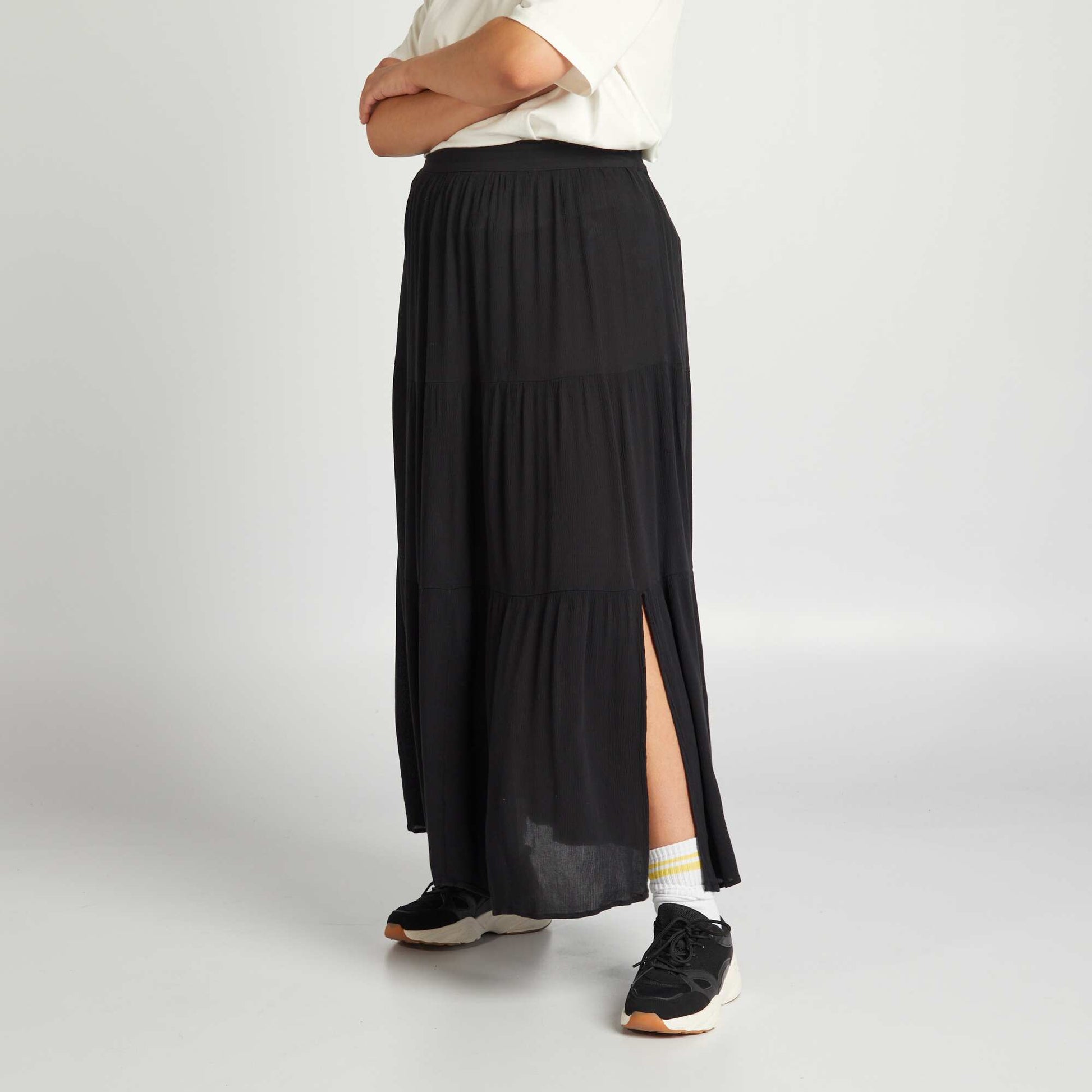 Long tiered skirt with elasticated waist BLACK