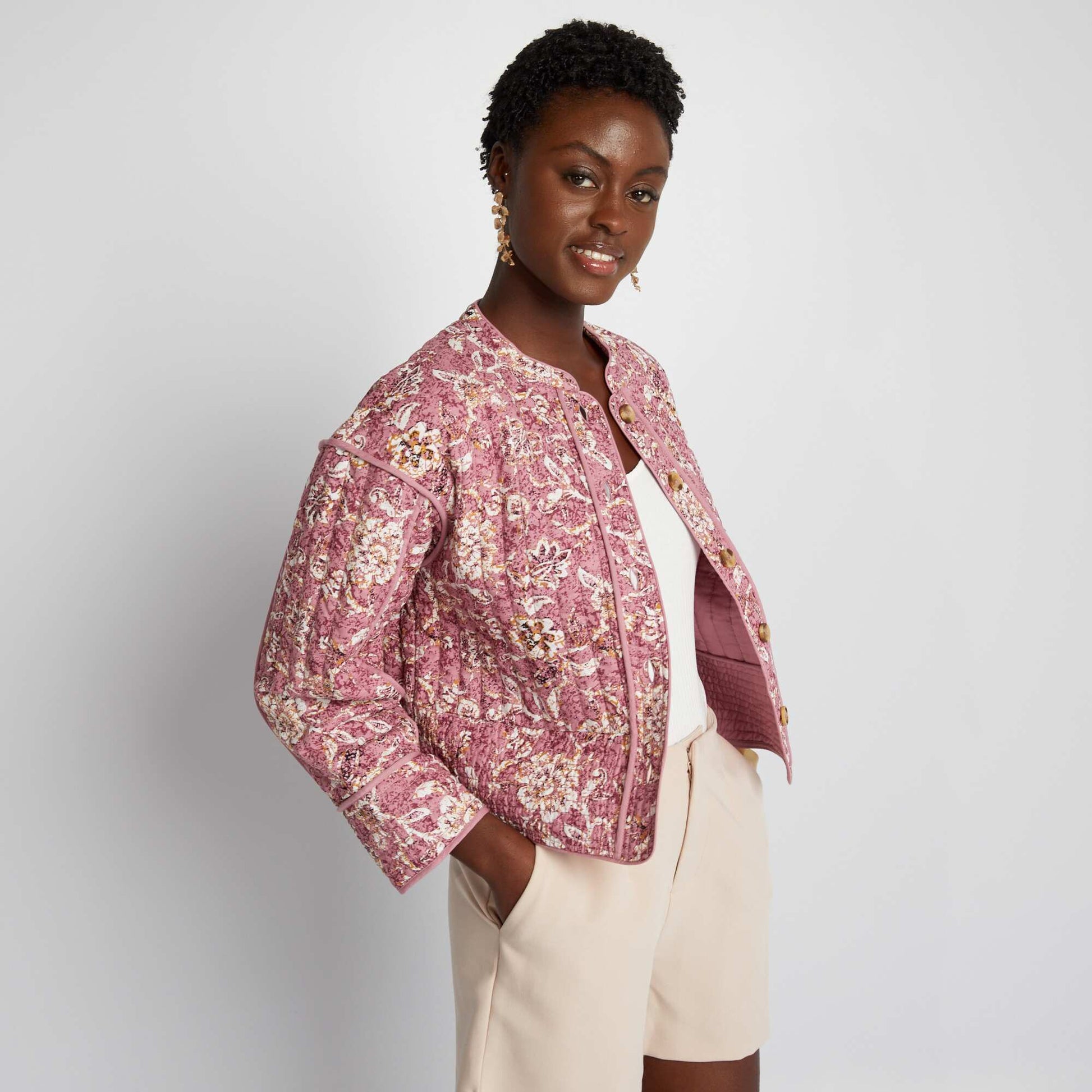 Short quilted floral jacket PINK