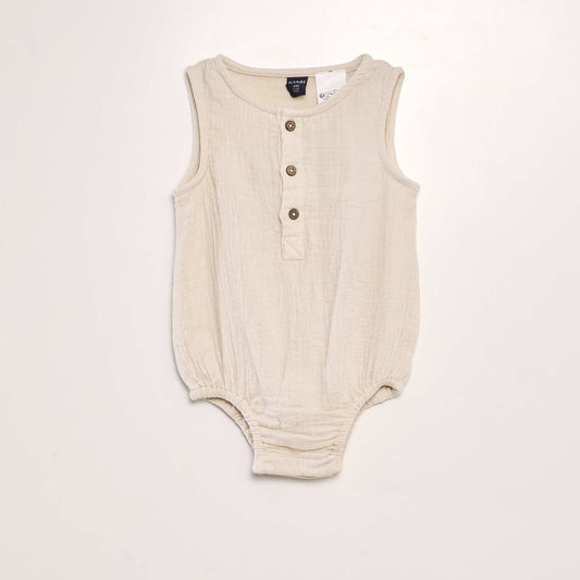 Buttoned double cotton gauze romper suit BEIGE