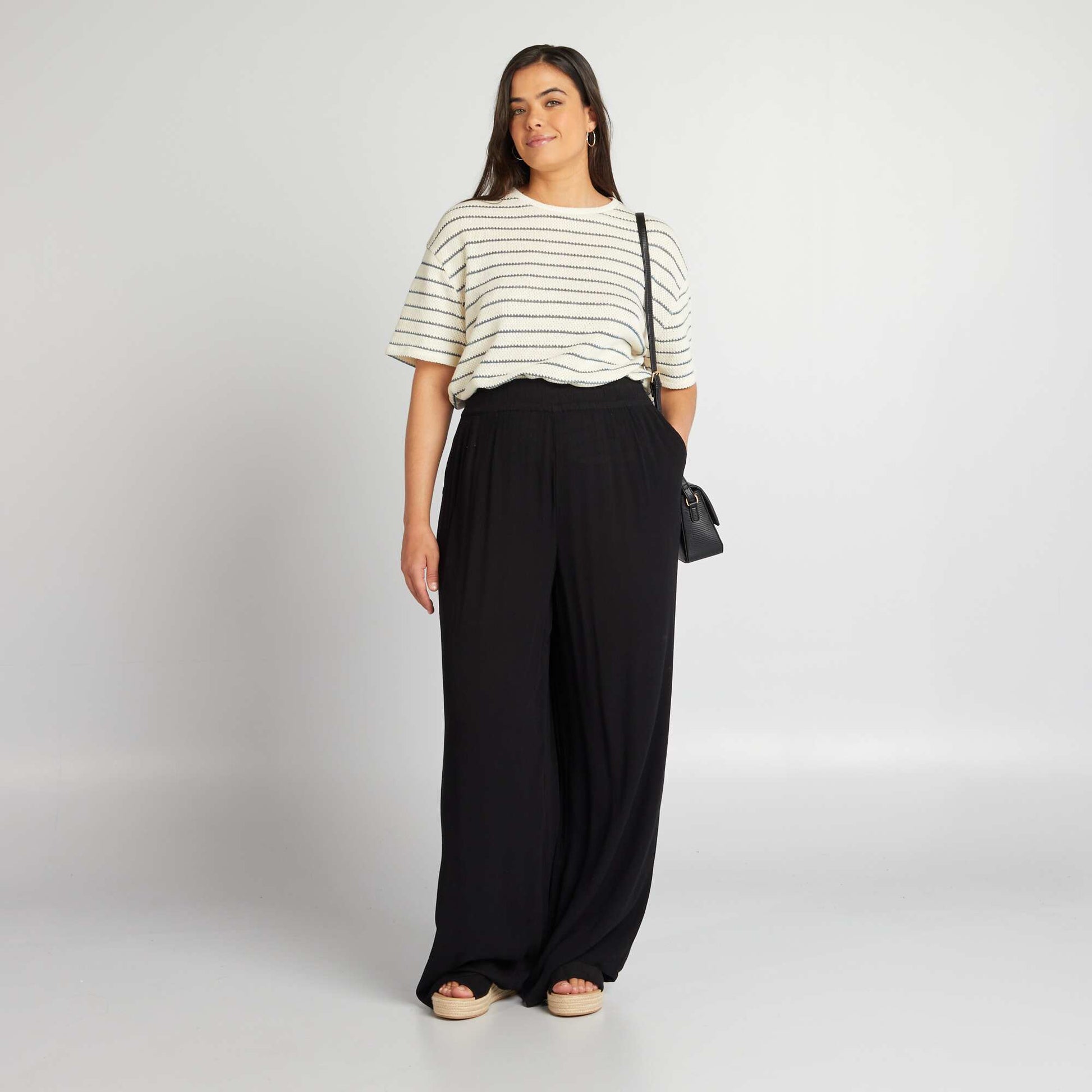 Wide-leg trousers with elasticated waist BLACK