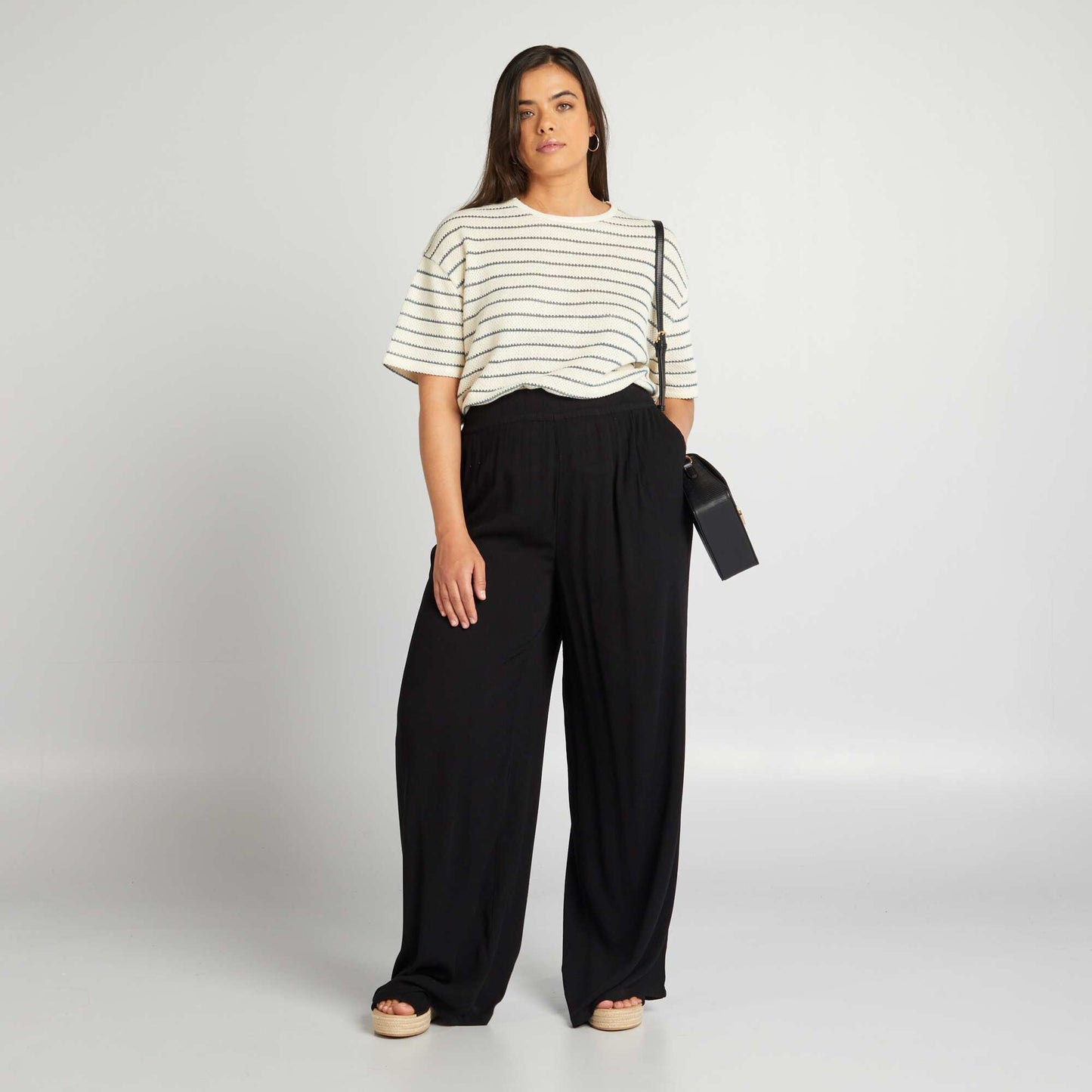 Wide-leg trousers with elasticated waist BLACK