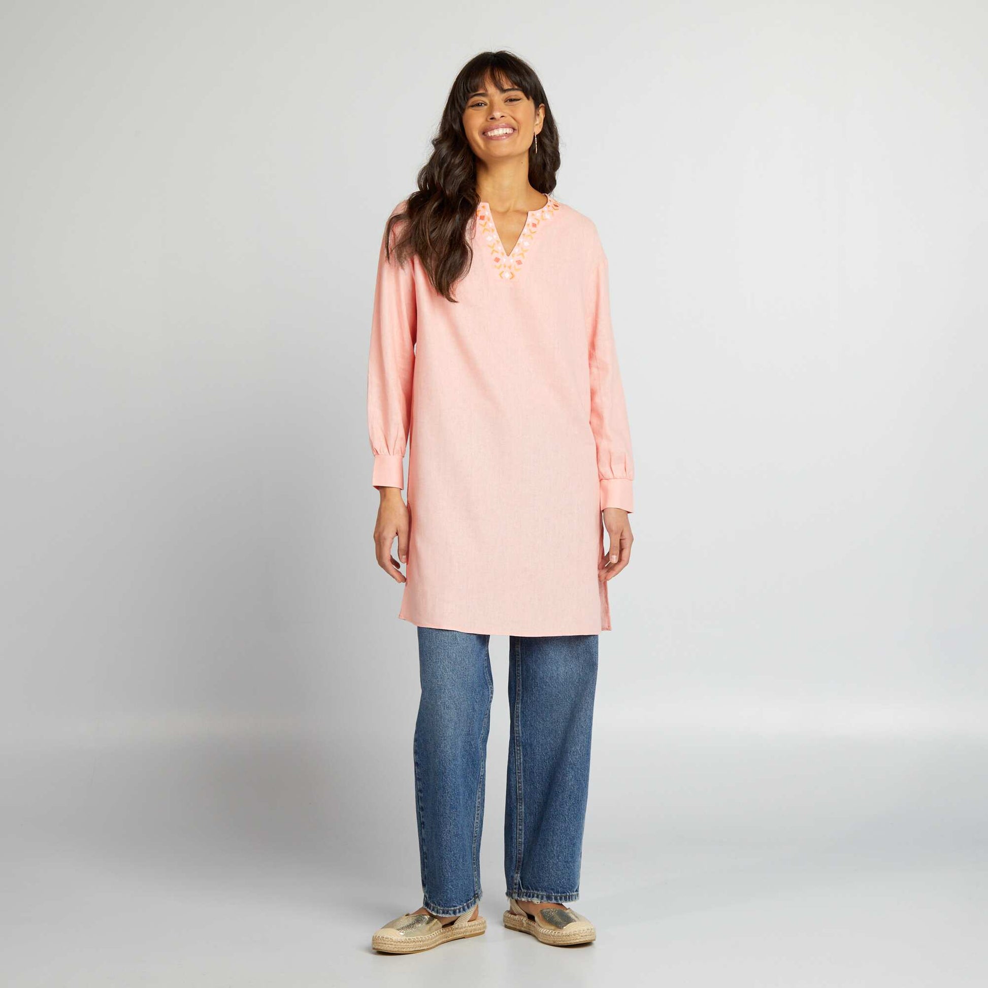 Longline linen blouse with henley collar PINK