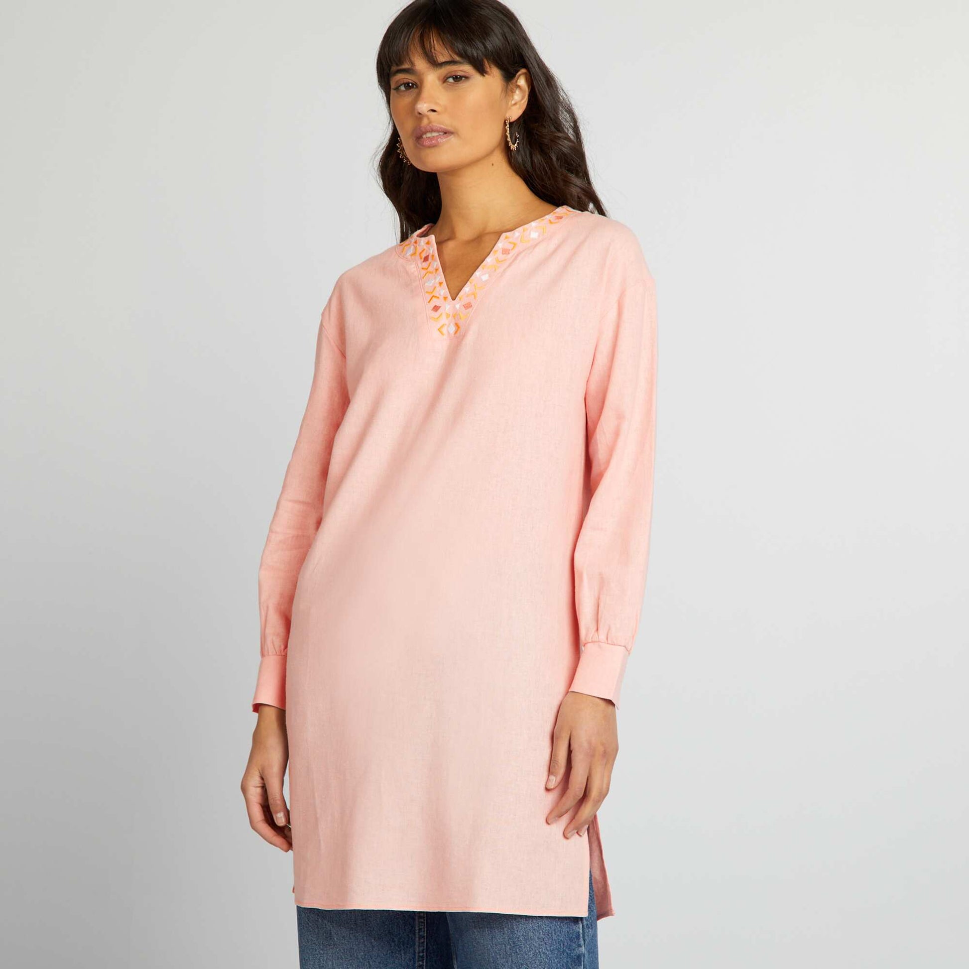 Longline linen blouse with henley collar PINK