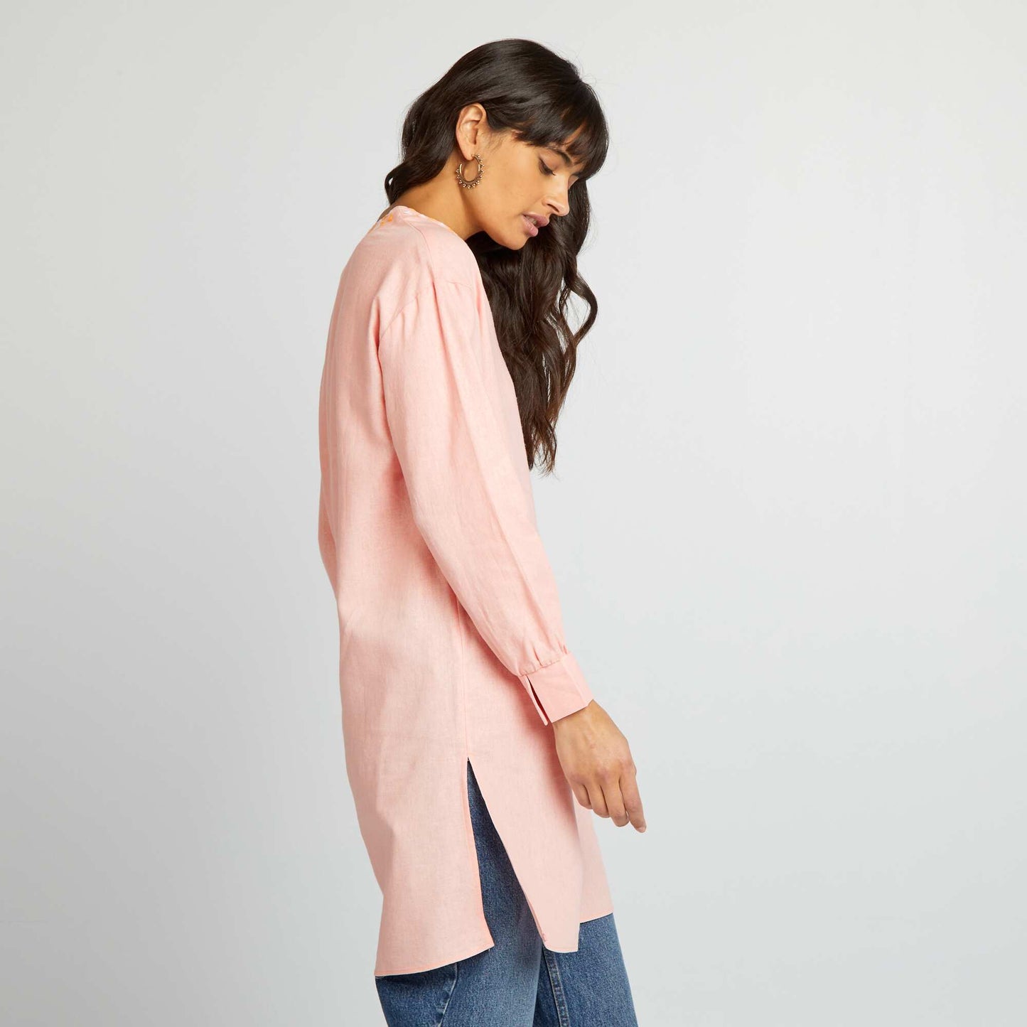 Longline linen blouse with henley collar PINK