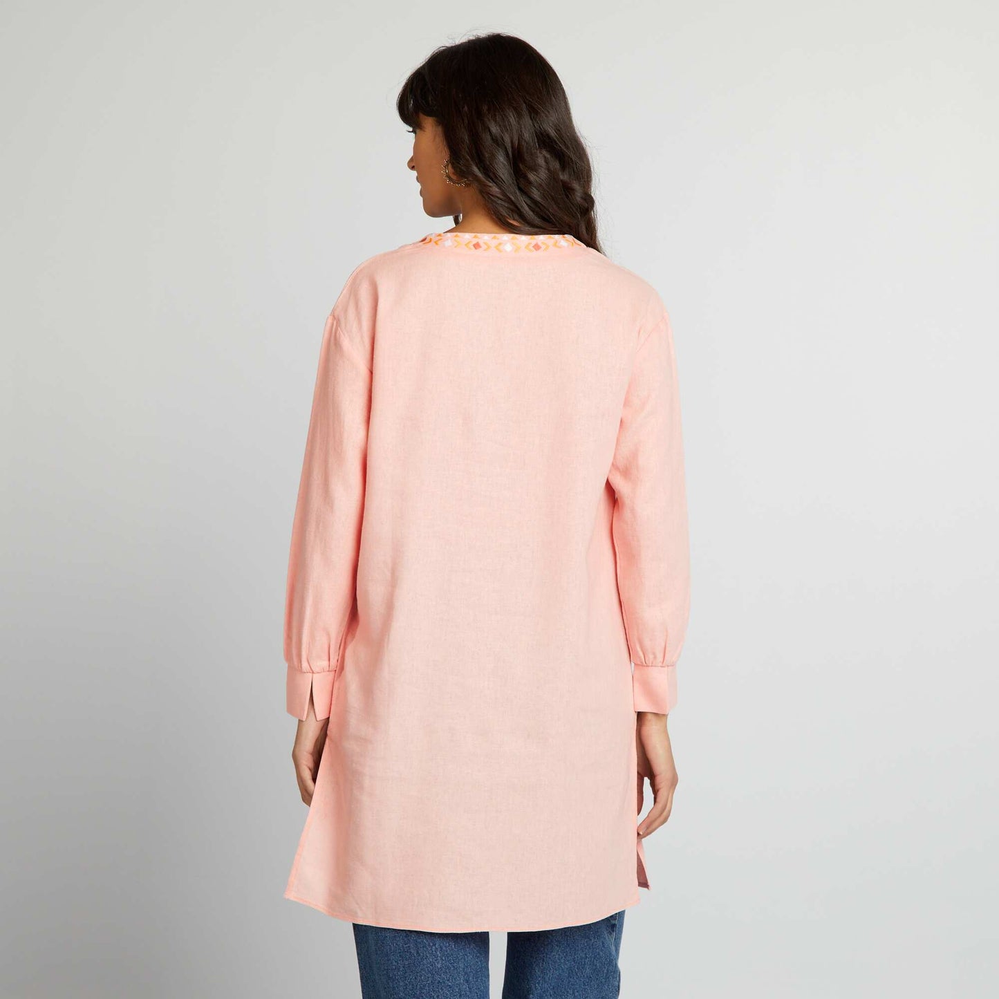 Longline linen blouse with henley collar PINK