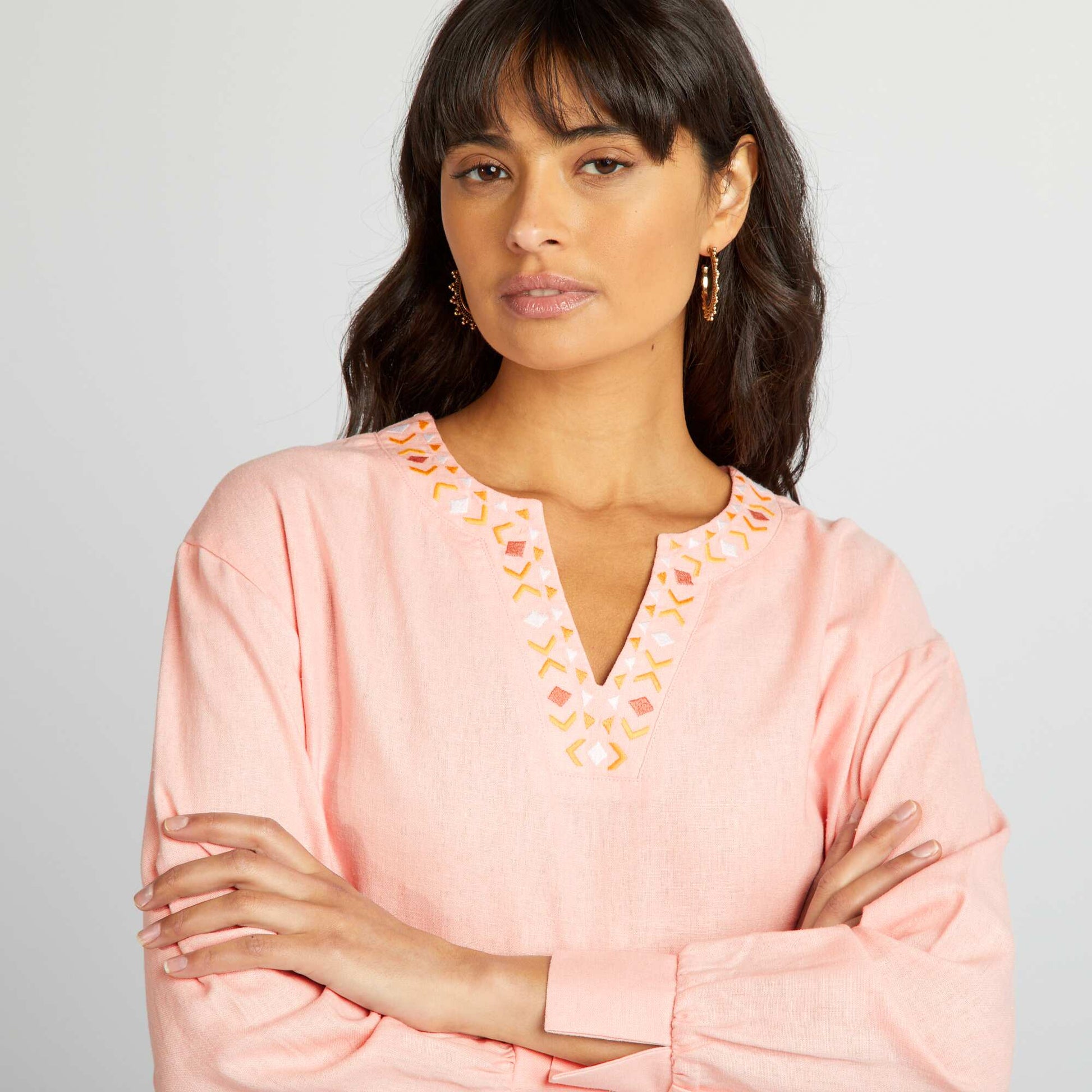 Longline linen blouse with henley collar PINK