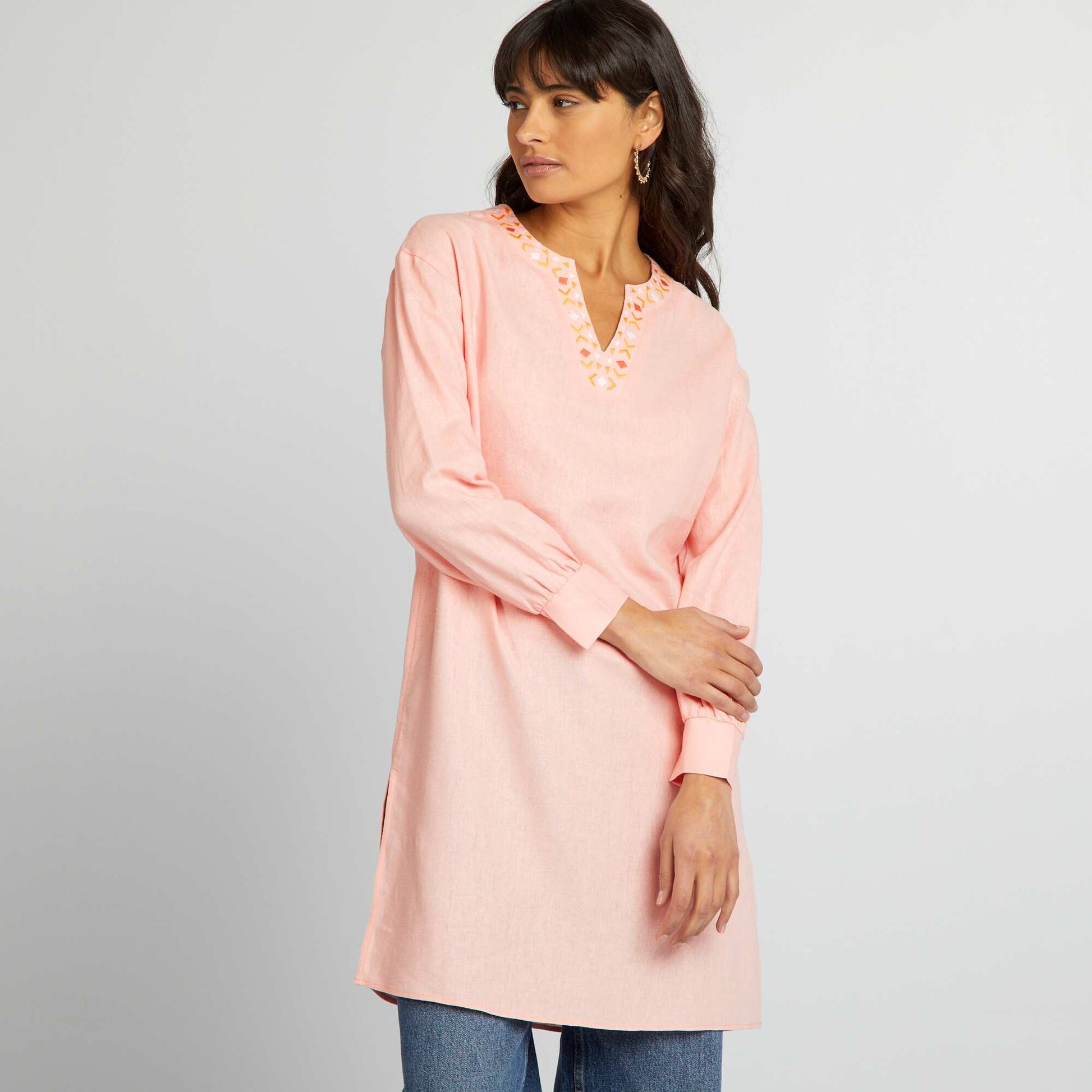 Longline linen blouse with henley collar PINK