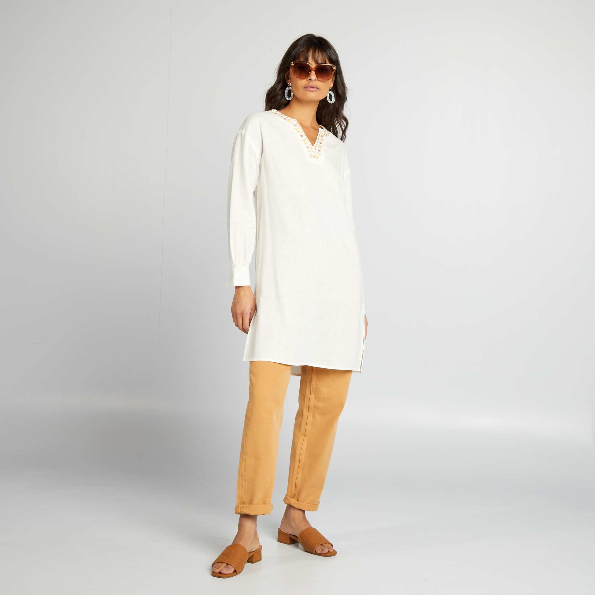 Longline linen blouse with henley collar WHITE