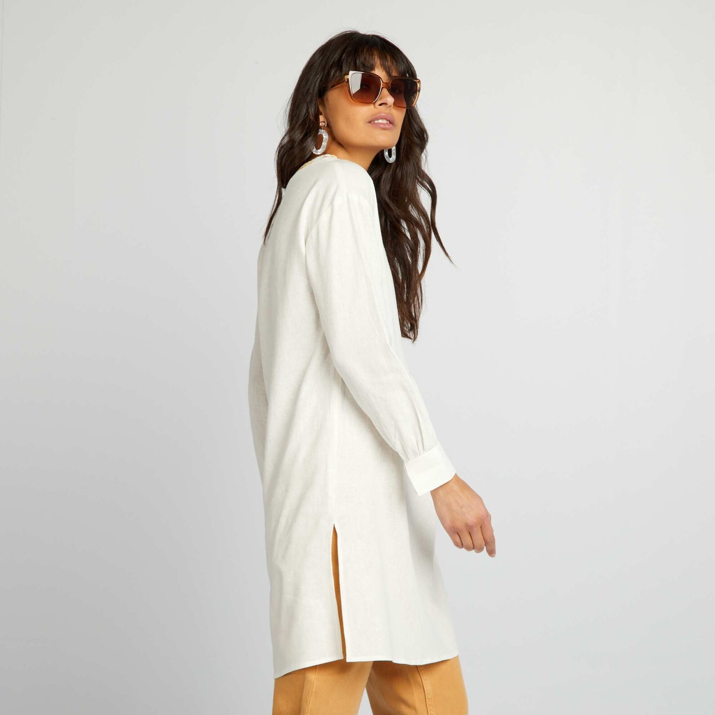 Longline linen blouse with henley collar WHITE