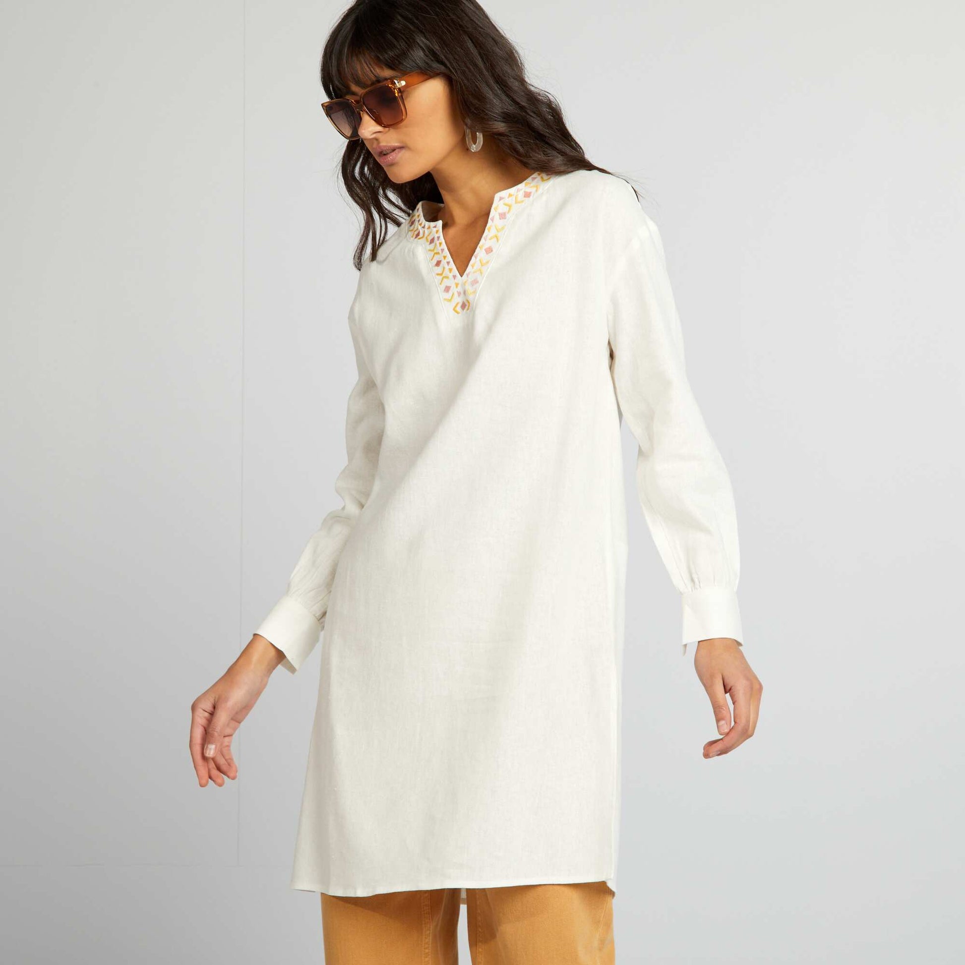 Longline linen blouse with henley collar WHITE