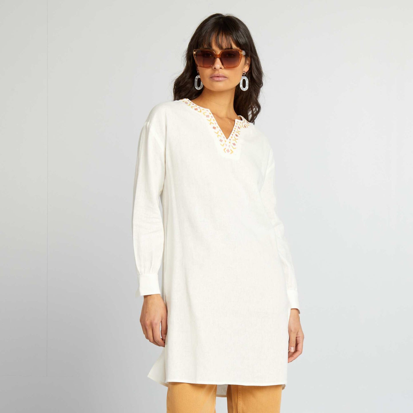 Longline linen blouse with henley collar WHITE