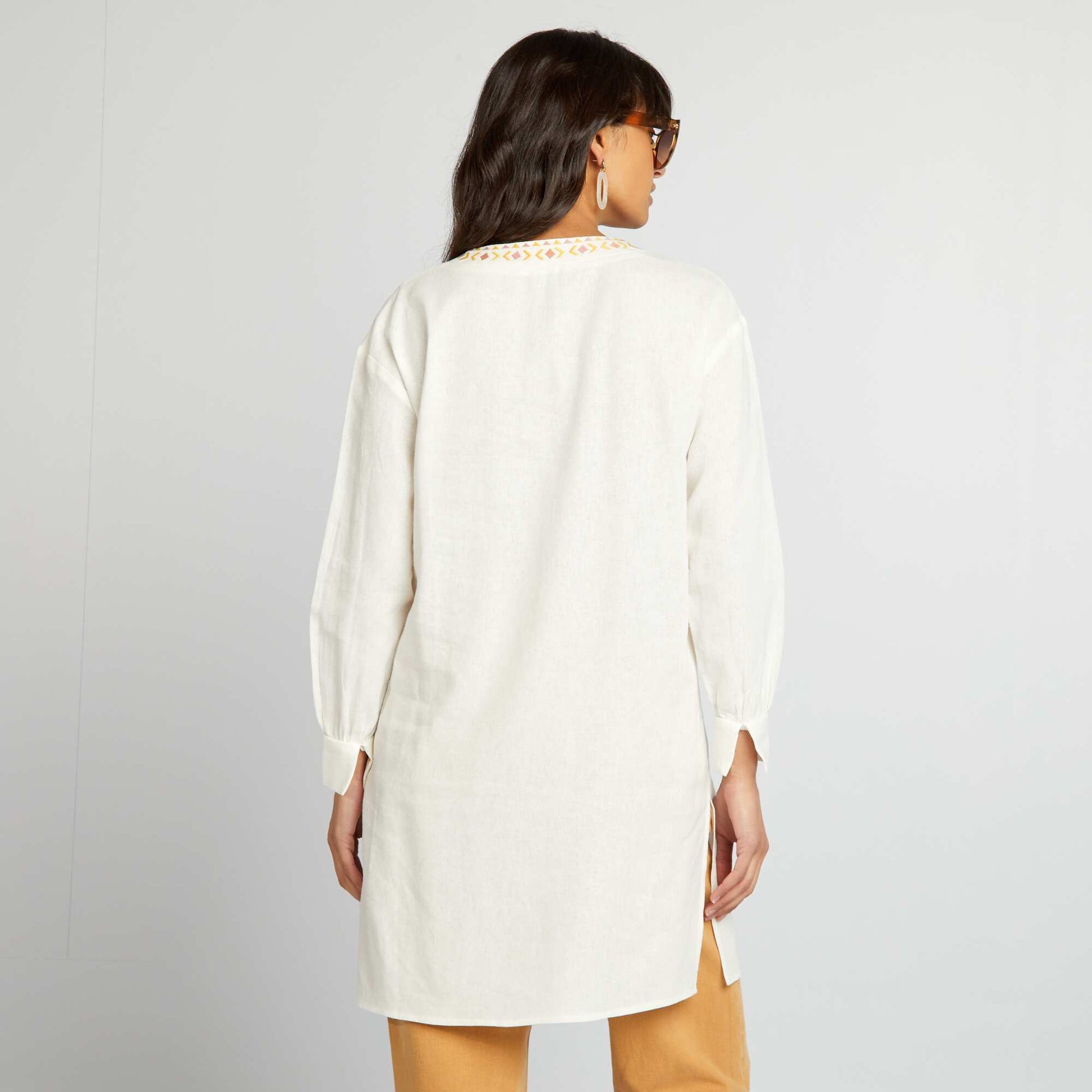 Longline linen blouse with henley collar WHITE