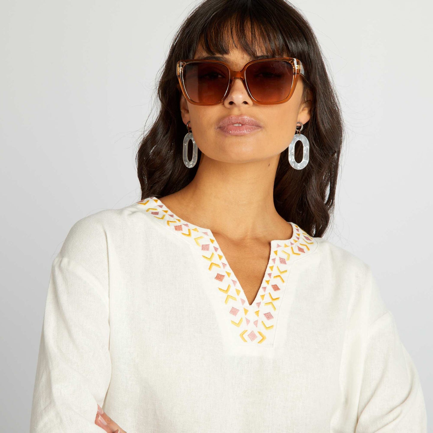Longline linen blouse with henley collar WHITE