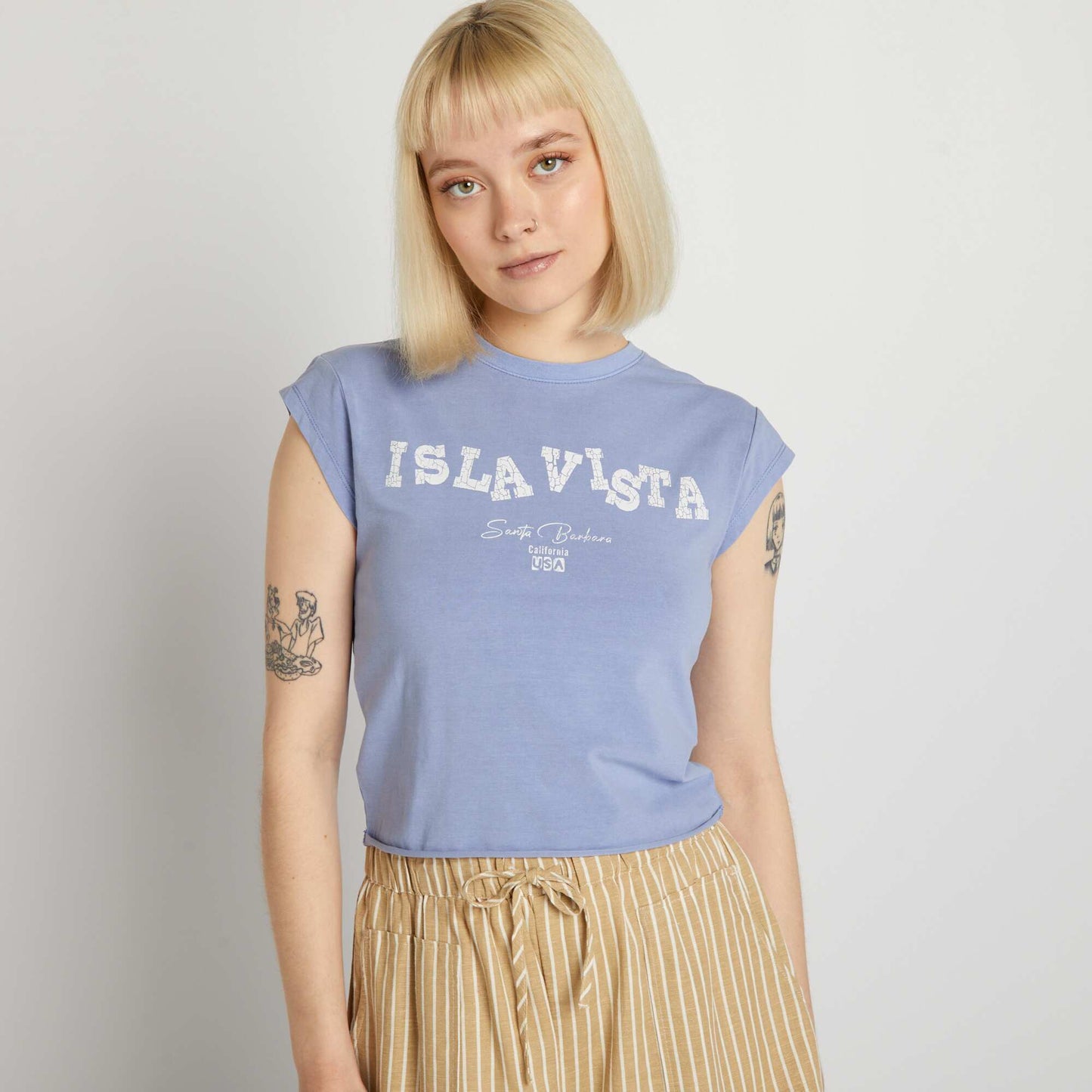 Printed stretch cropped T-shirt BLUE