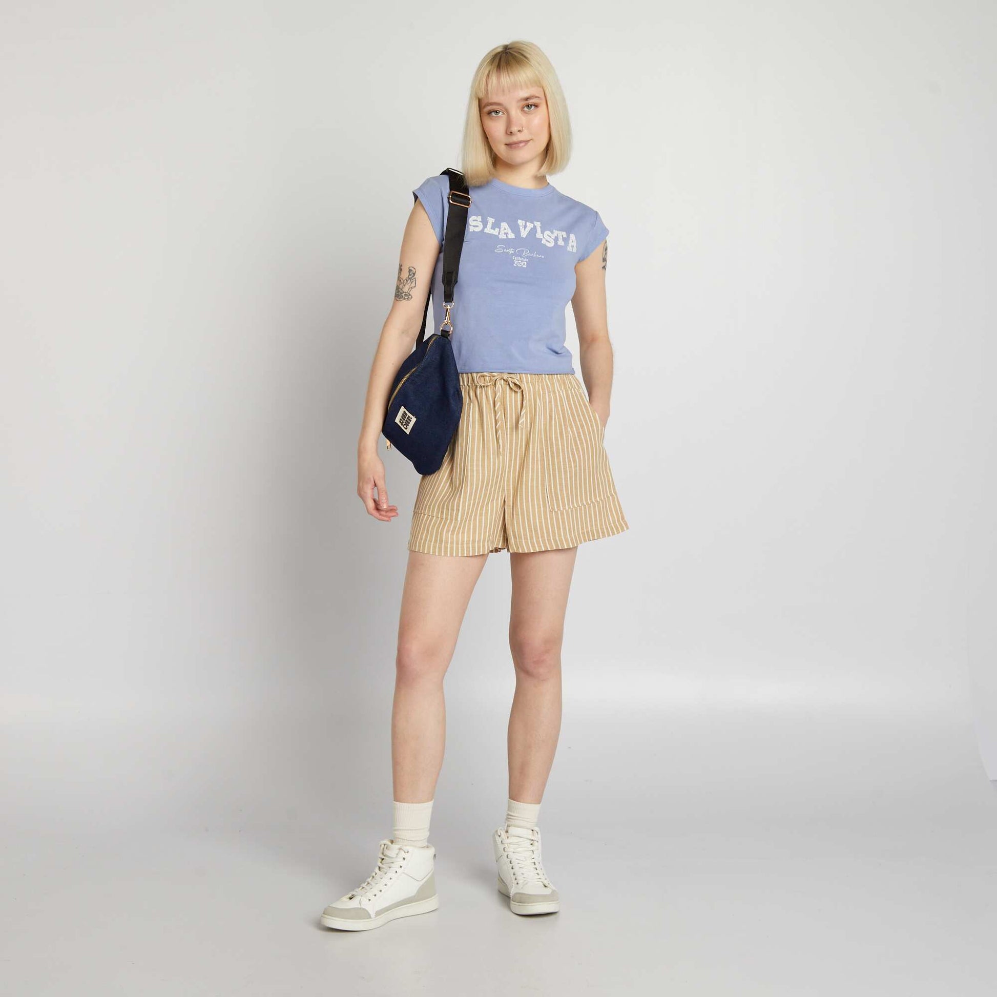 Printed stretch cropped T-shirt BLUE