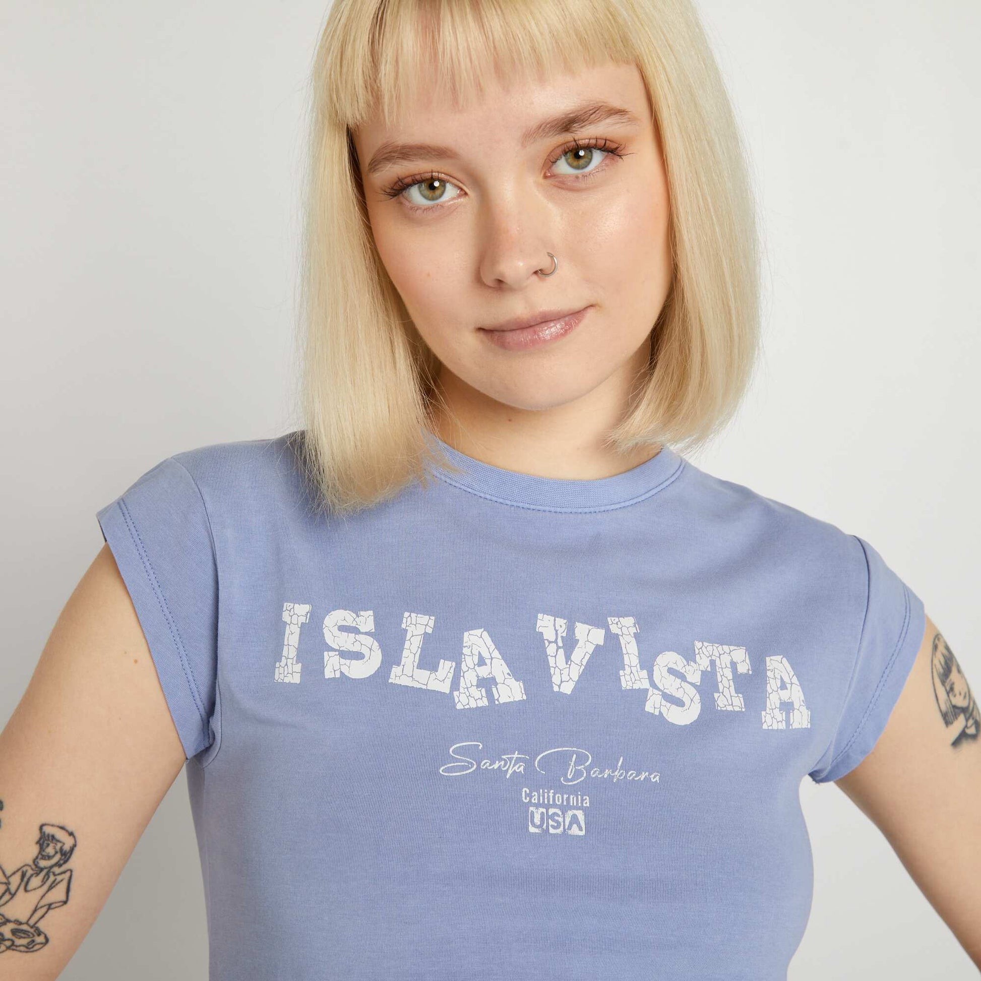 Printed stretch cropped T-shirt BLUE