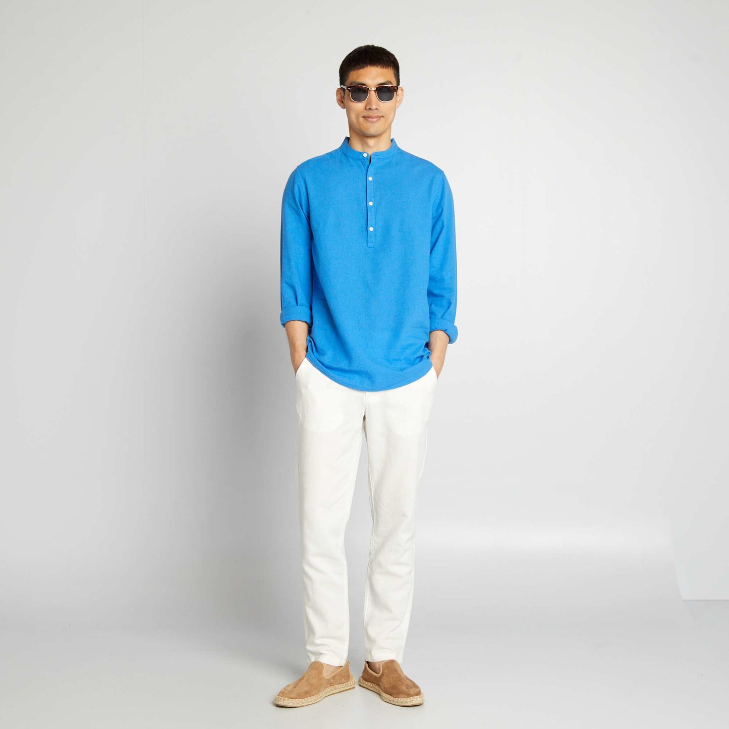 Linen-blend straight-cut shirt with mandarin collar BLUE