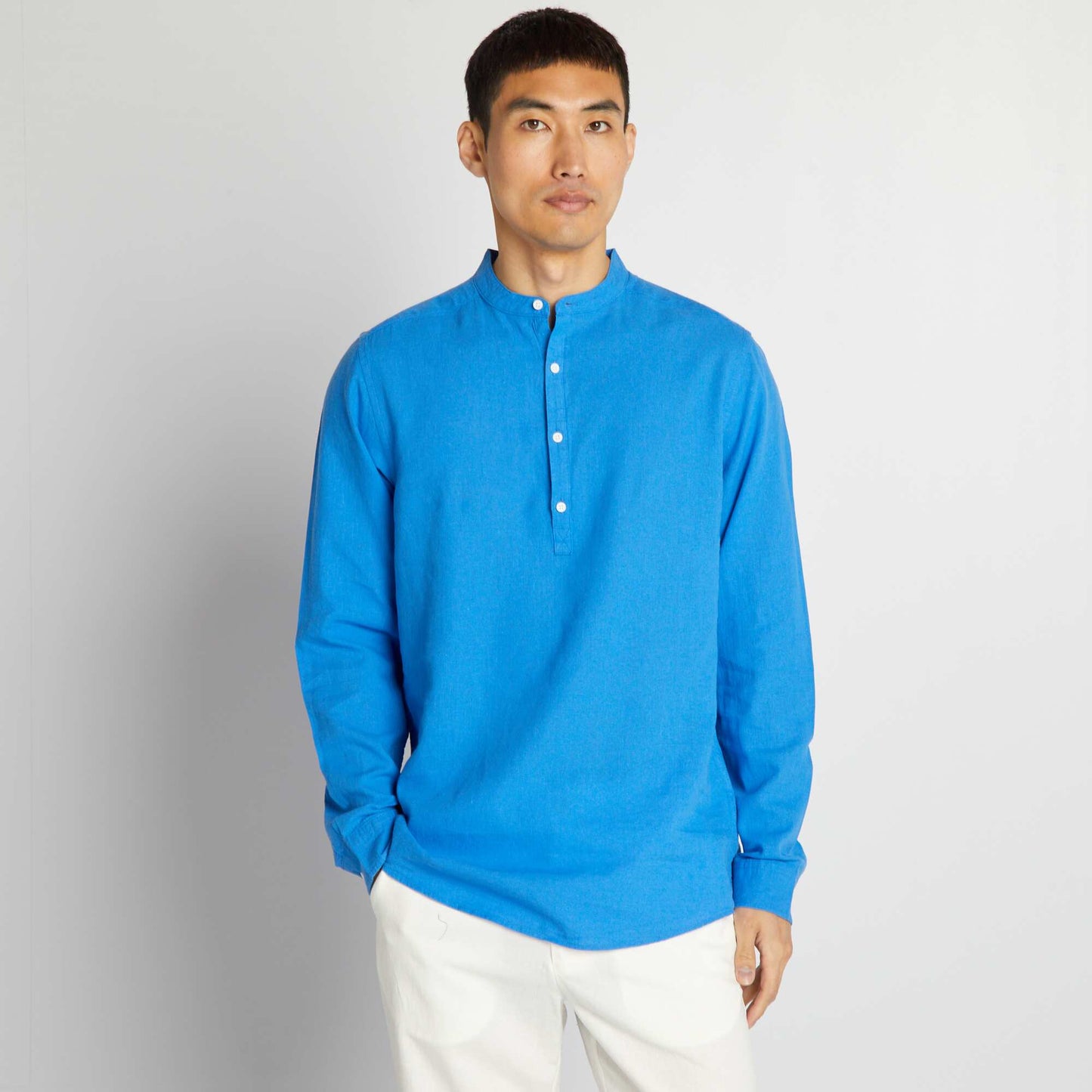 Linen-blend straight-cut shirt with mandarin collar BLUE