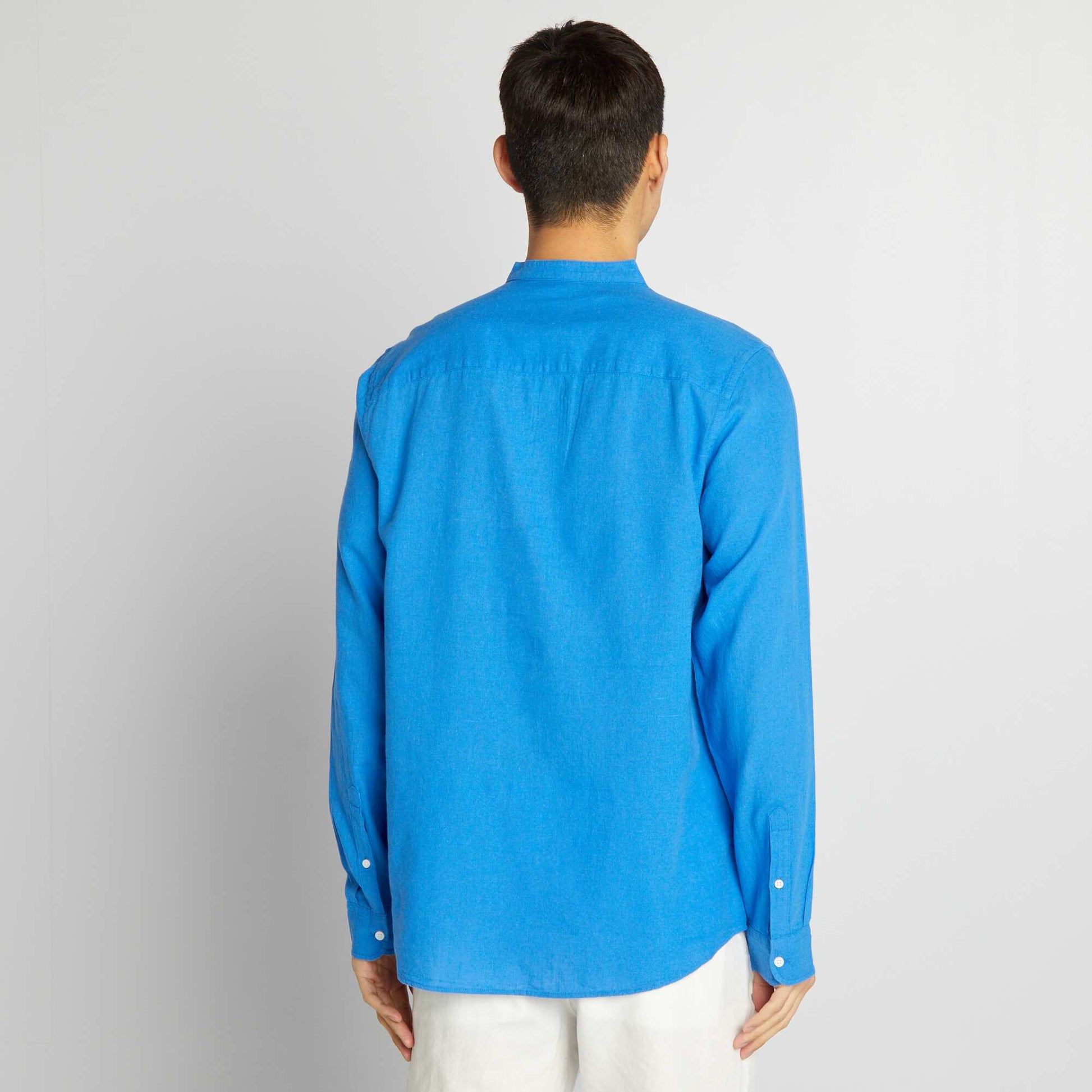 Linen-blend straight-cut shirt with mandarin collar BLUE