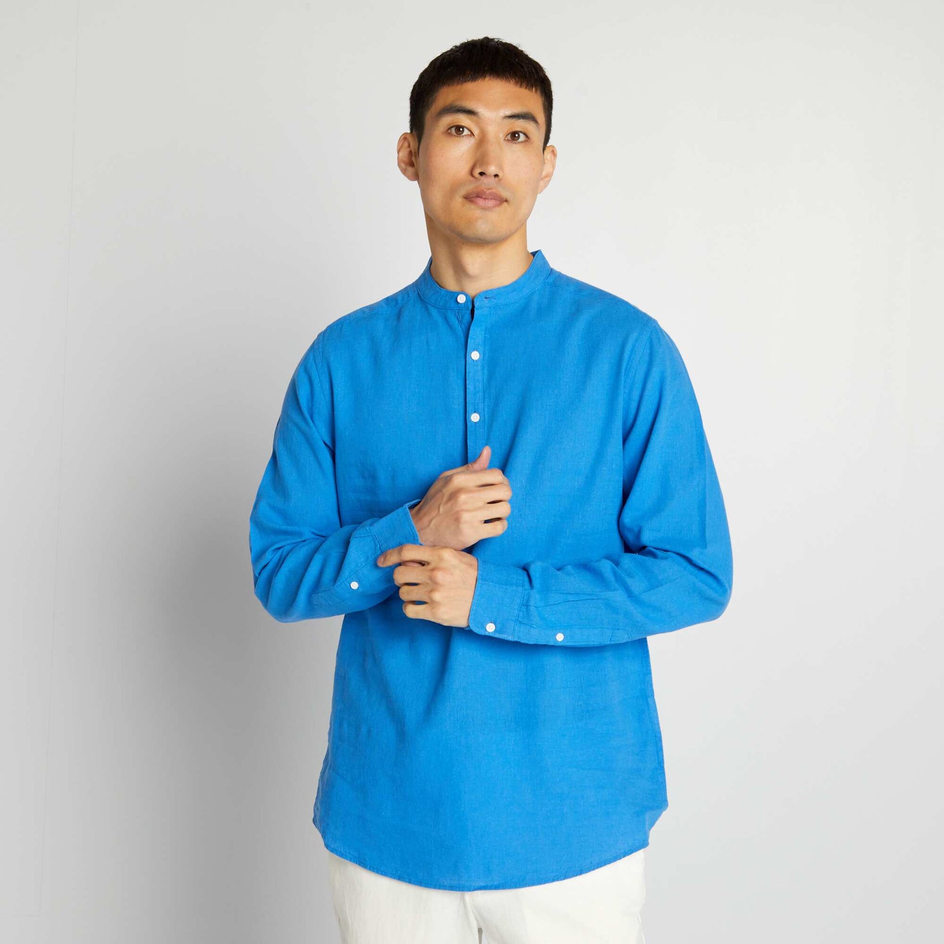 Linen-blend straight-cut shirt with mandarin collar BLUE