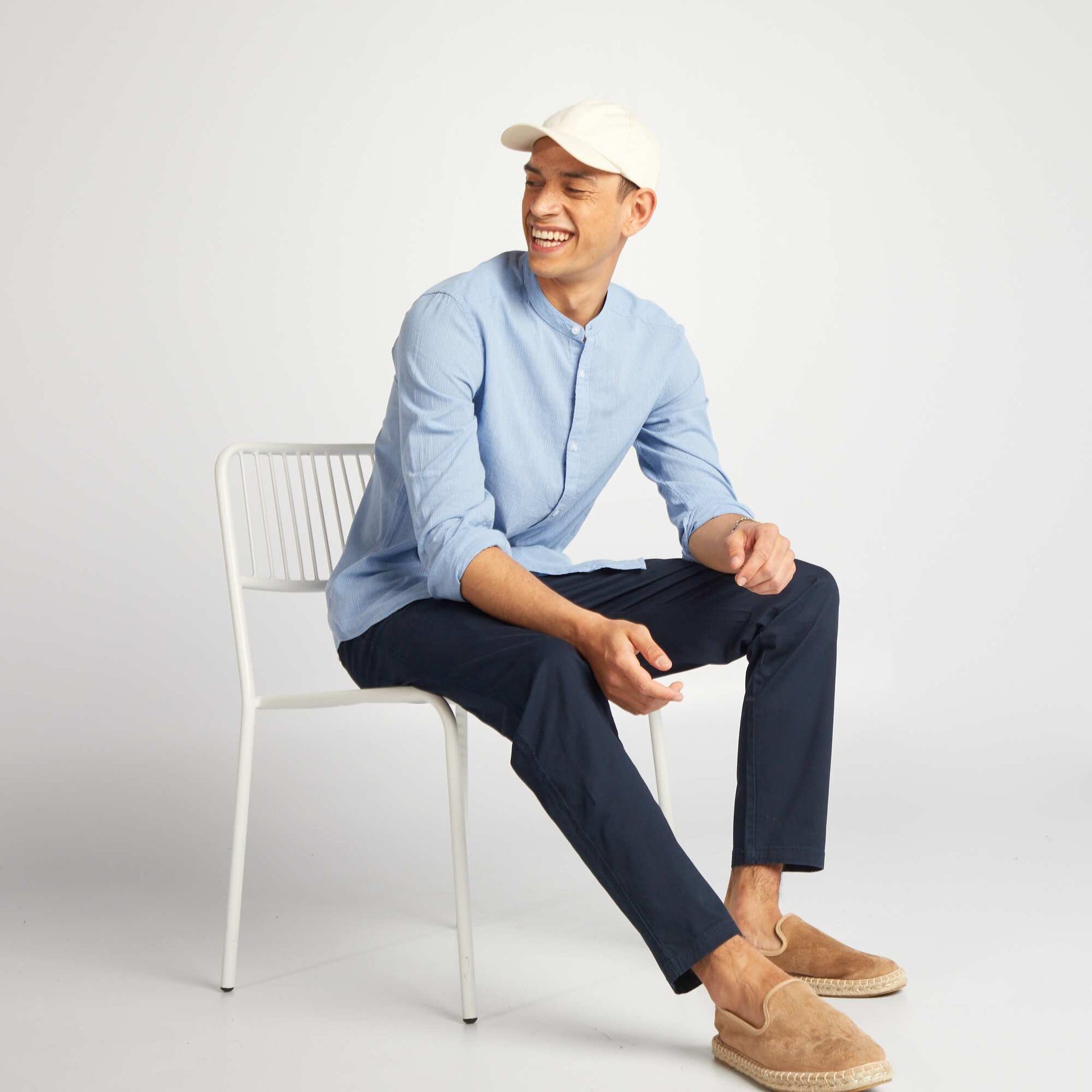 Linen-blend shirt with mandarin collar BLUE