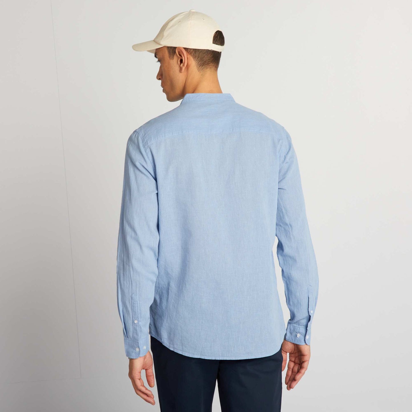 Linen-blend shirt with mandarin collar BLUE