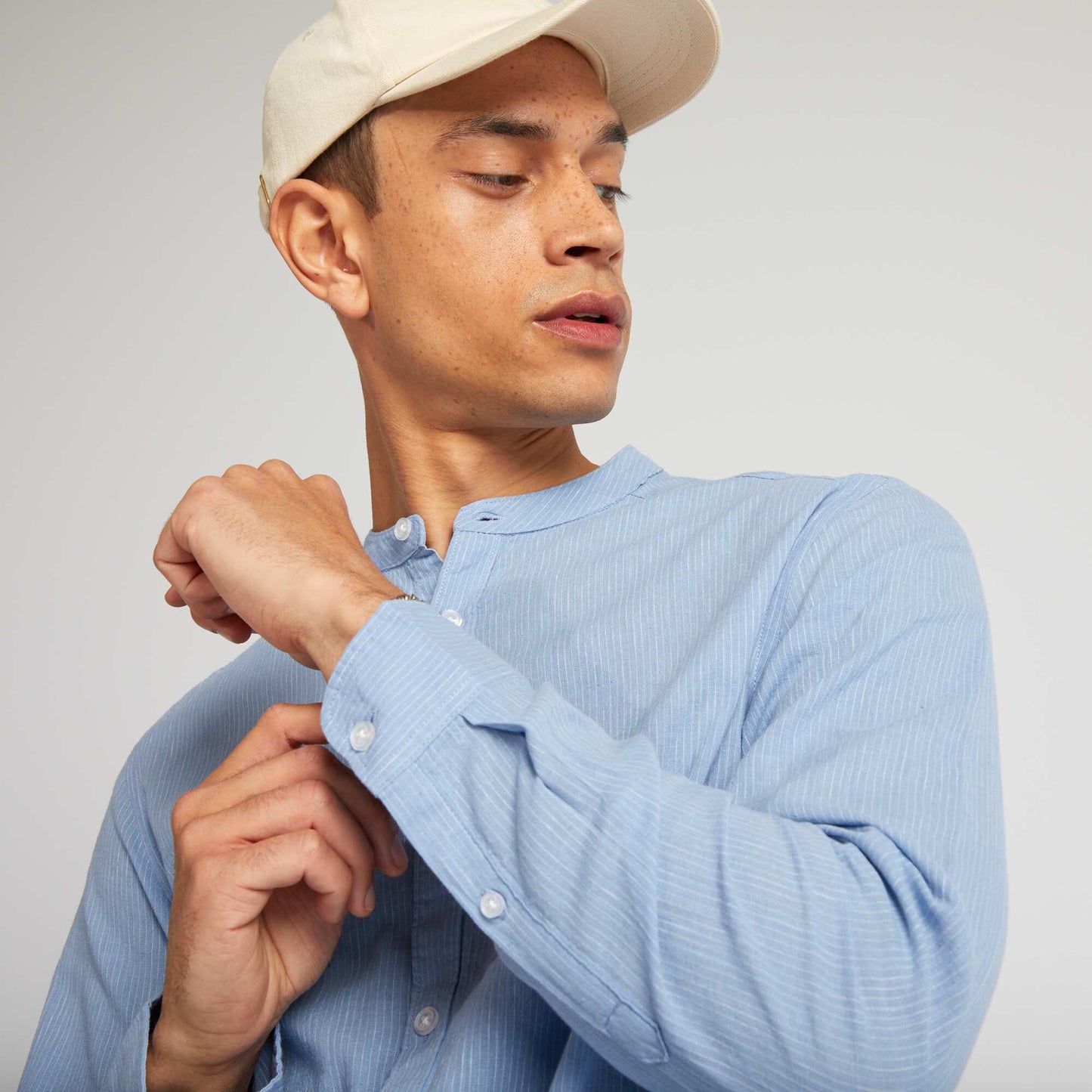 Linen-blend shirt with mandarin collar BLUE