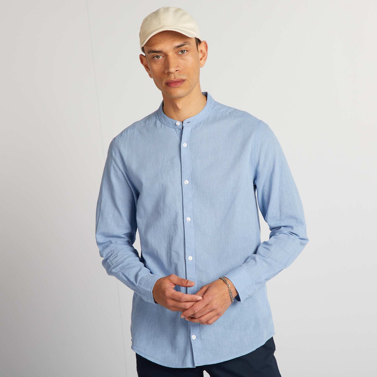 Linen-blend shirt with mandarin collar BLUE
