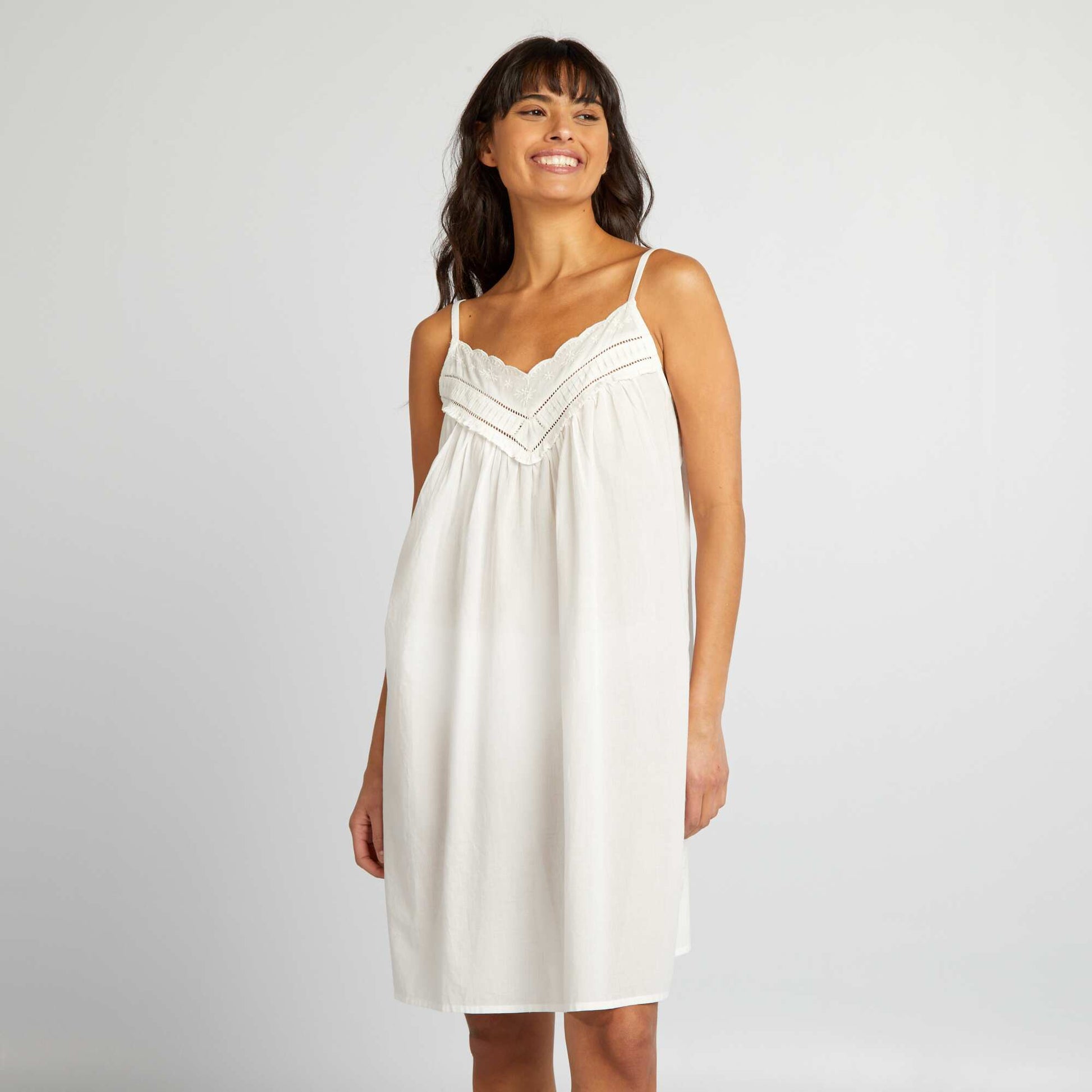Cotton voile nightie with embroidery WHITE