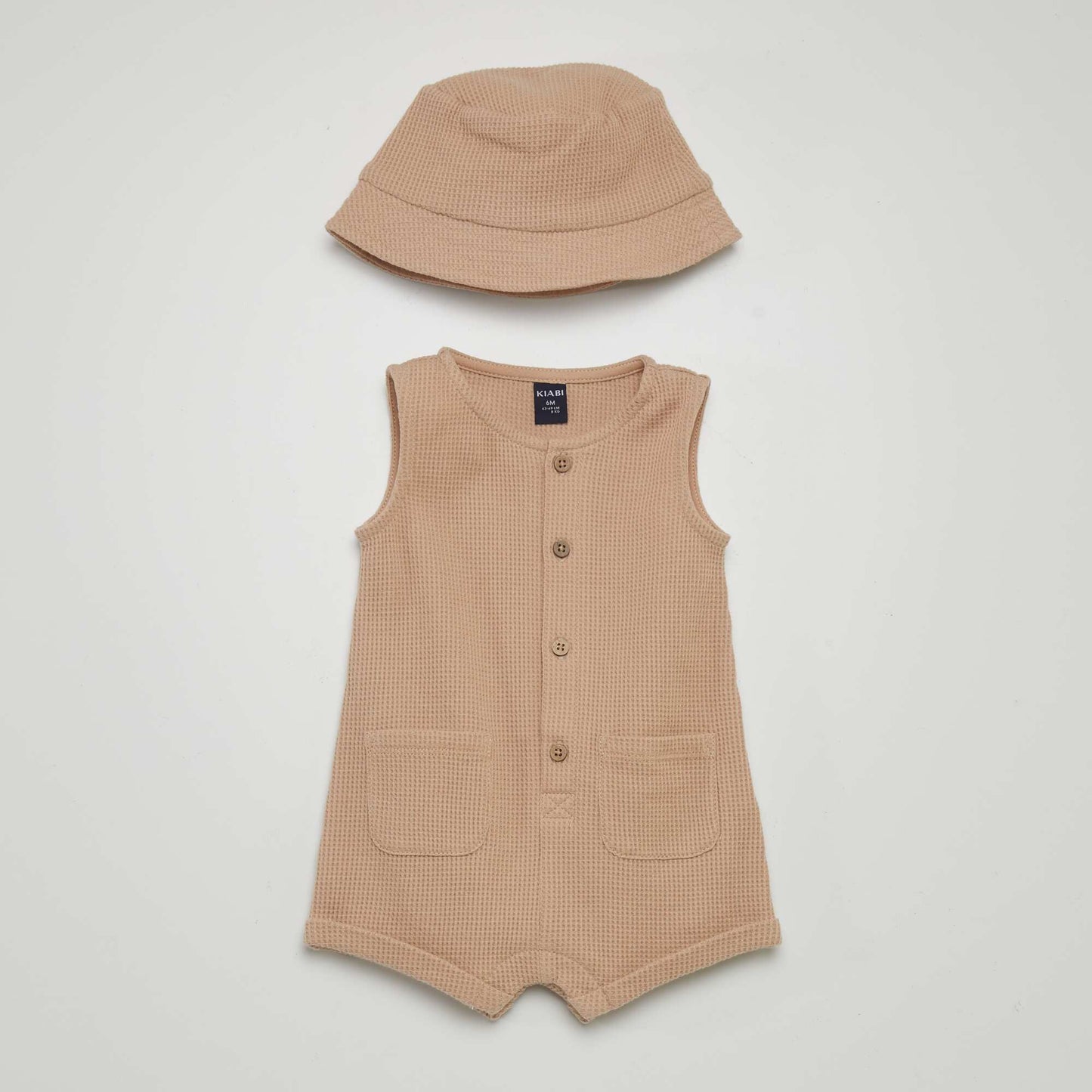 Waffle-knit romper and sun hat - 2-piece set BEIGE