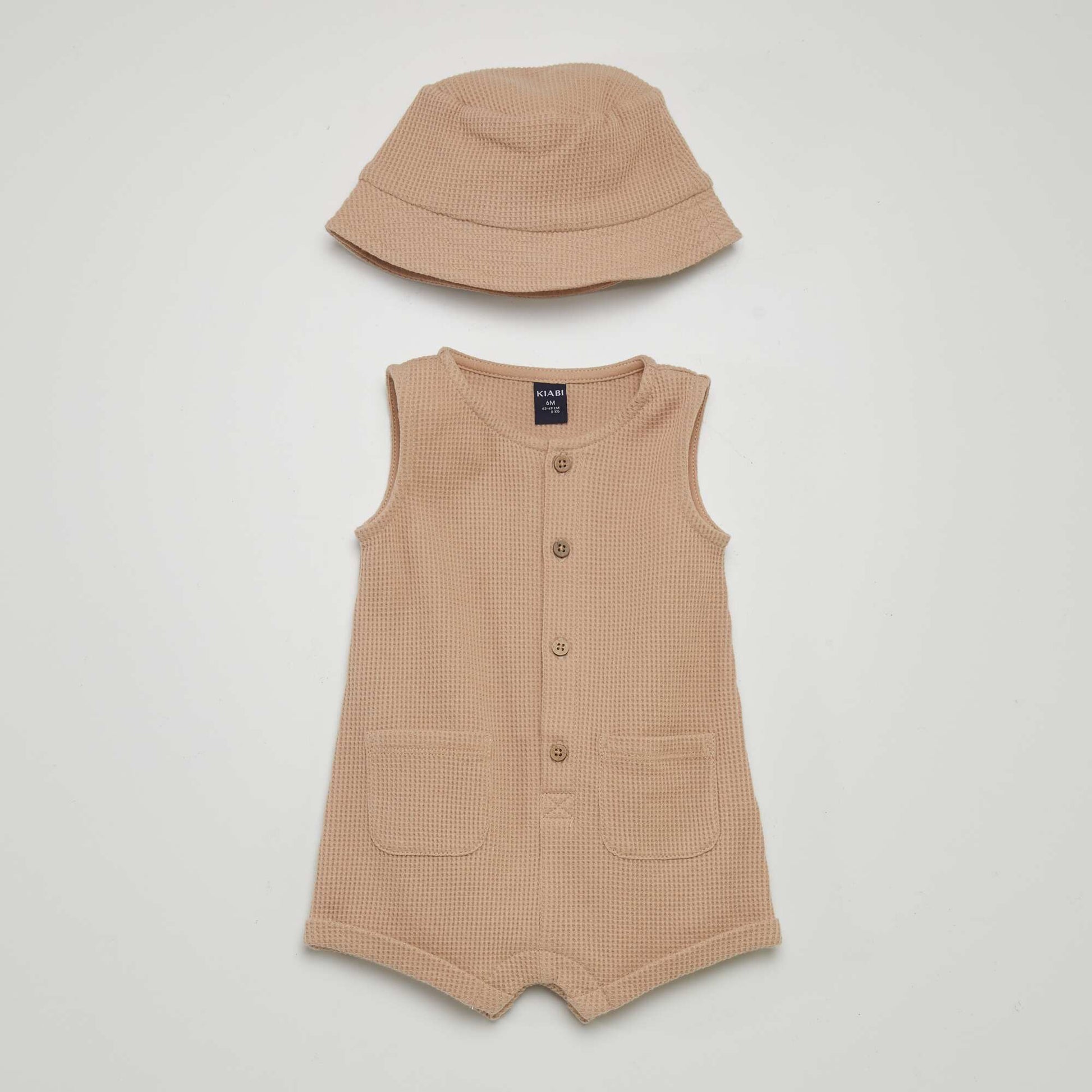 Waffle-knit romper and sun hat - 2-piece set BEIGE