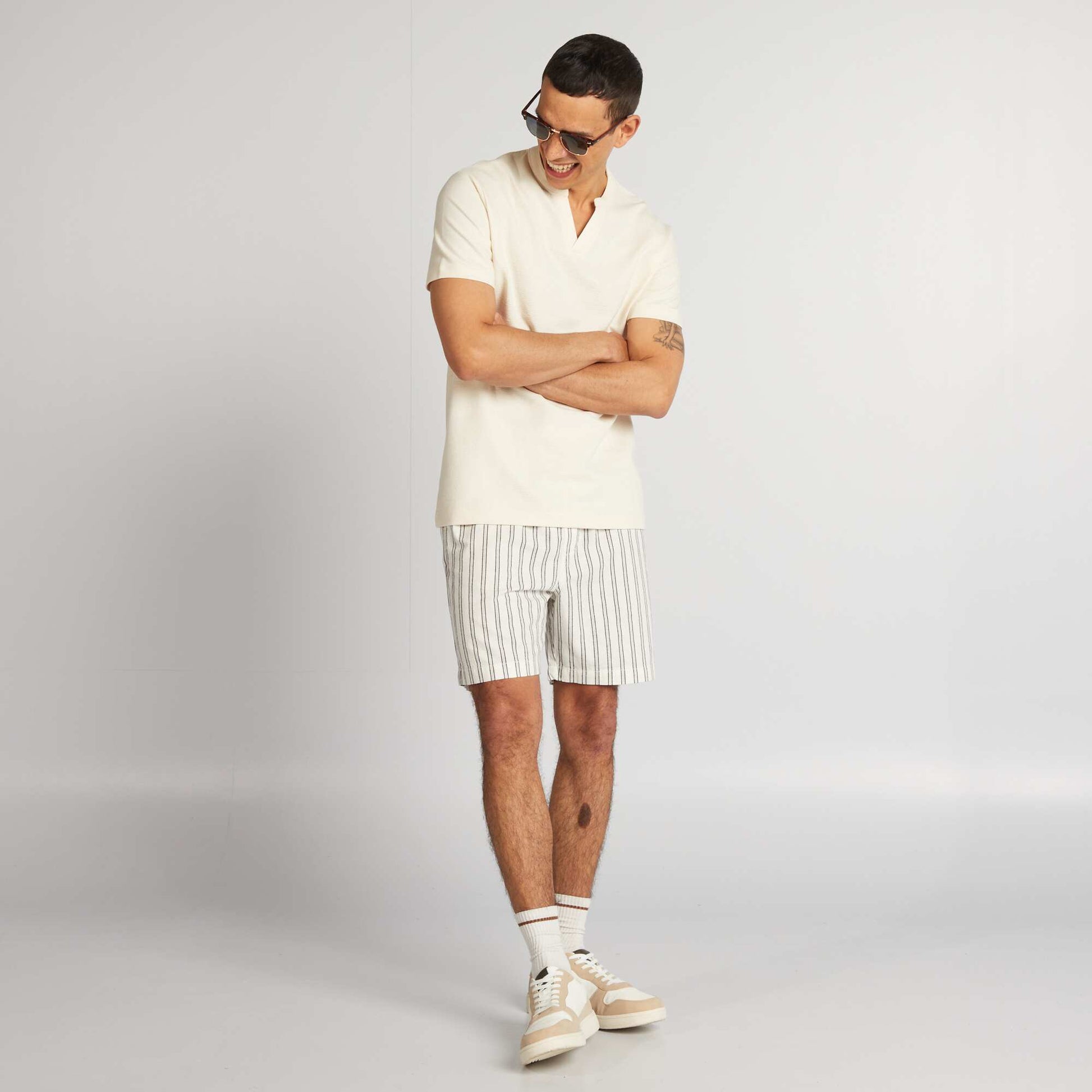 Striped linen-blend shorts BEIGE